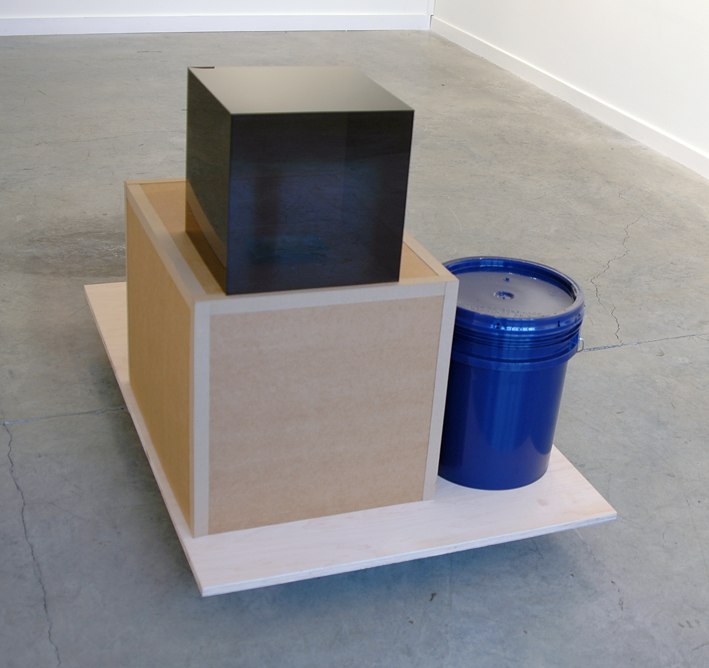 PABLO GUARDIOLA San Francisco, don't be afraid of the vastness of the world, of the immensity of the sea. Your thing is the air wood, cardboard, blue bucket, plexiglass and postcard, 51" L x 32" W x 34.5" H, 2011