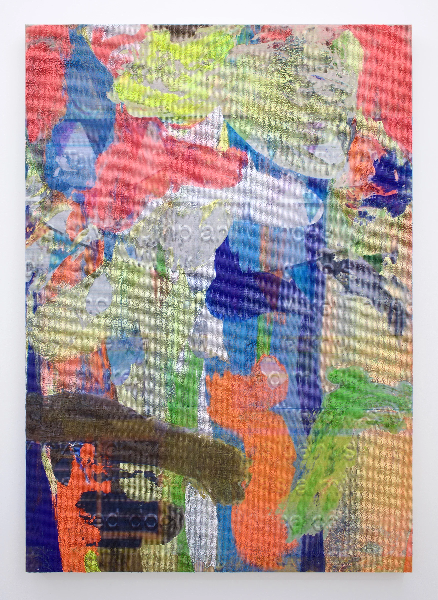 EVAN NESBIT Manifold Painting (Fake Painting) , 2017, acrylic, UV curable ink on vinyl coated mesh fabric, 53” x 37”