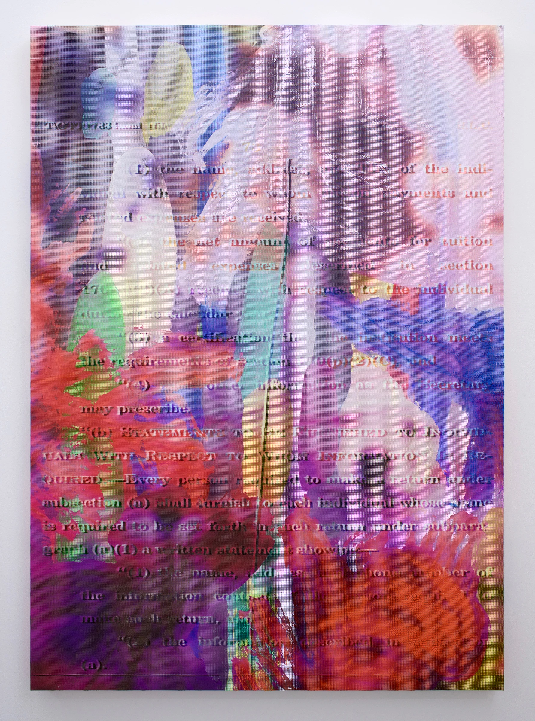 EVAN NESBIT Manifold Painting (Merge Visible) , 2017, acrylic, UV curable ink on vinyl coated mesh fabric, 53” x 37”