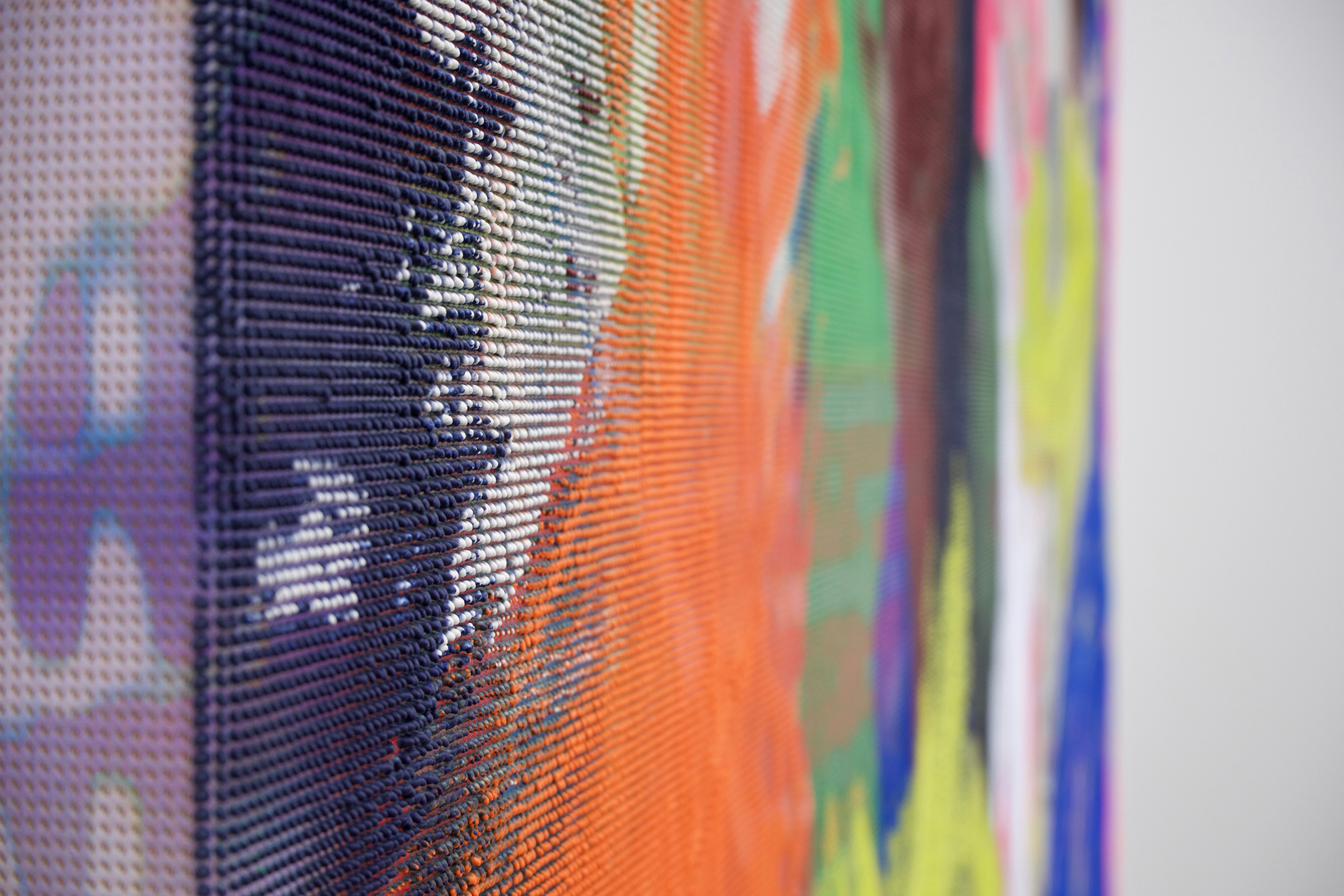  EVAN NESBIT (detail)&nbsp; Manifold Painting (Ever Dissonant Futures) , 2017, acrylic, UV curable ink on vinyl coated mesh fabric, 66” x 60” 