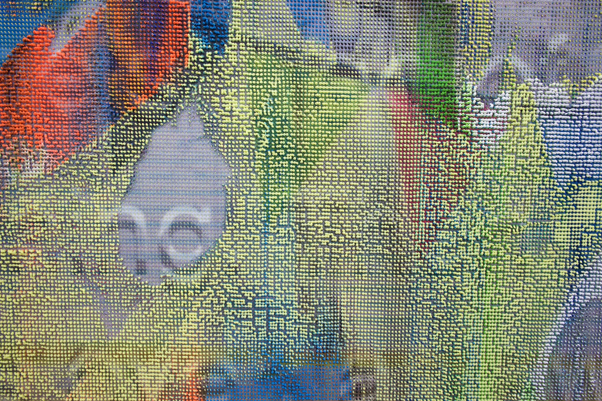 EVAN NESBIT (detail) Manifold Painting (Fake Painting) , 2017, acrylic, UV curable ink on vinyl coated mesh fabric, 53” x 37”