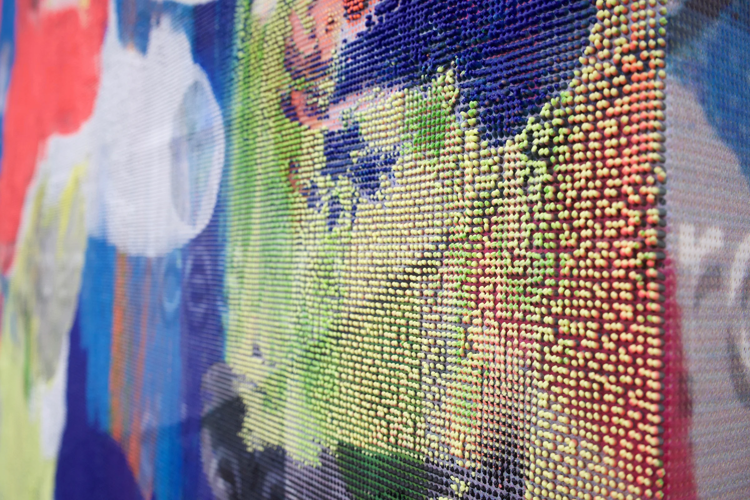 EVAN NESBIT (detail) Manifold Painting (Ever Dissonant Futures) , 2017, acrylic, UV curable ink on vinyl coated mesh fabric, 66” x 60”