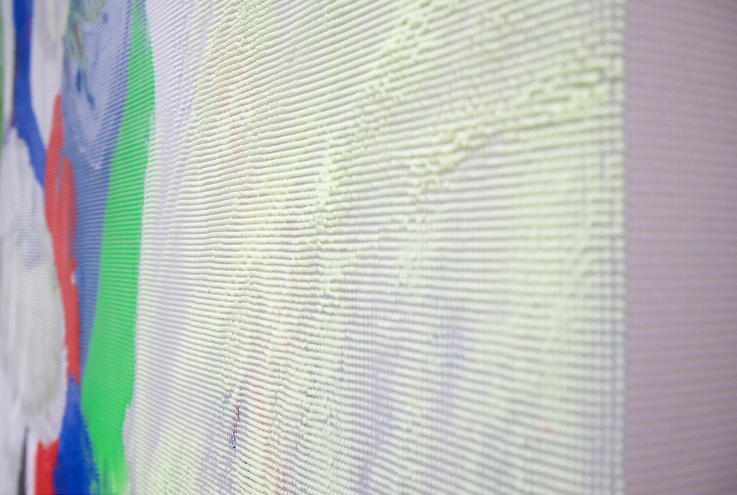  EVAN NESBIT (detail)  Manifold Painting (Perishable Gestures) , 2017, acrylic, UV curable ink on vinyl coated mesh fabric, 53” x 37” 