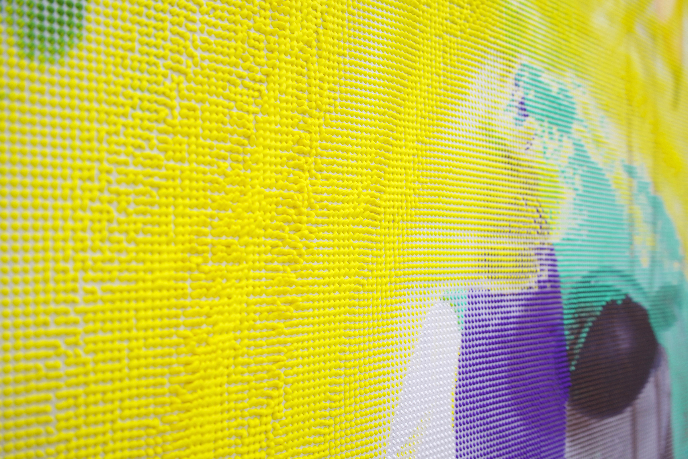  EVAN NESBIT (detail)  Manifold Painting (Perishable Gestures) , 2017, acrylic, UV curable ink on vinyl coated mesh fabric, 53” x 37” 