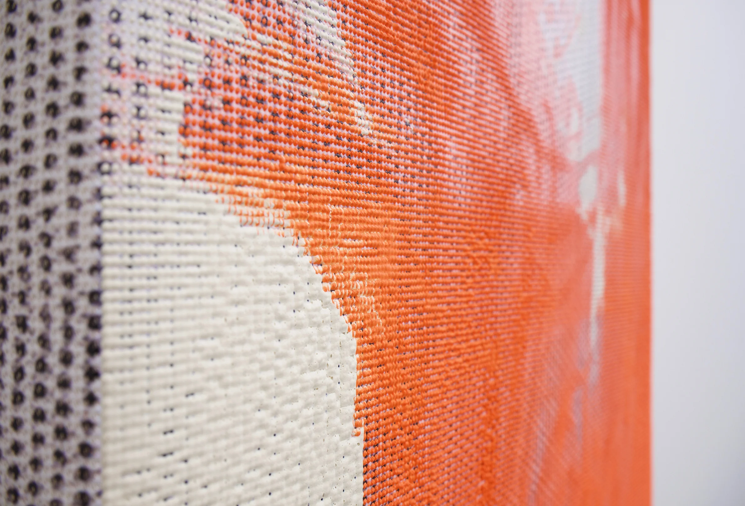 EVAN NESBIT (detail) Manifold Painting (Superstratum #8) , 2017, acrylic, UV curable ink on vinyl coated mesh fabric, 30” x 18”