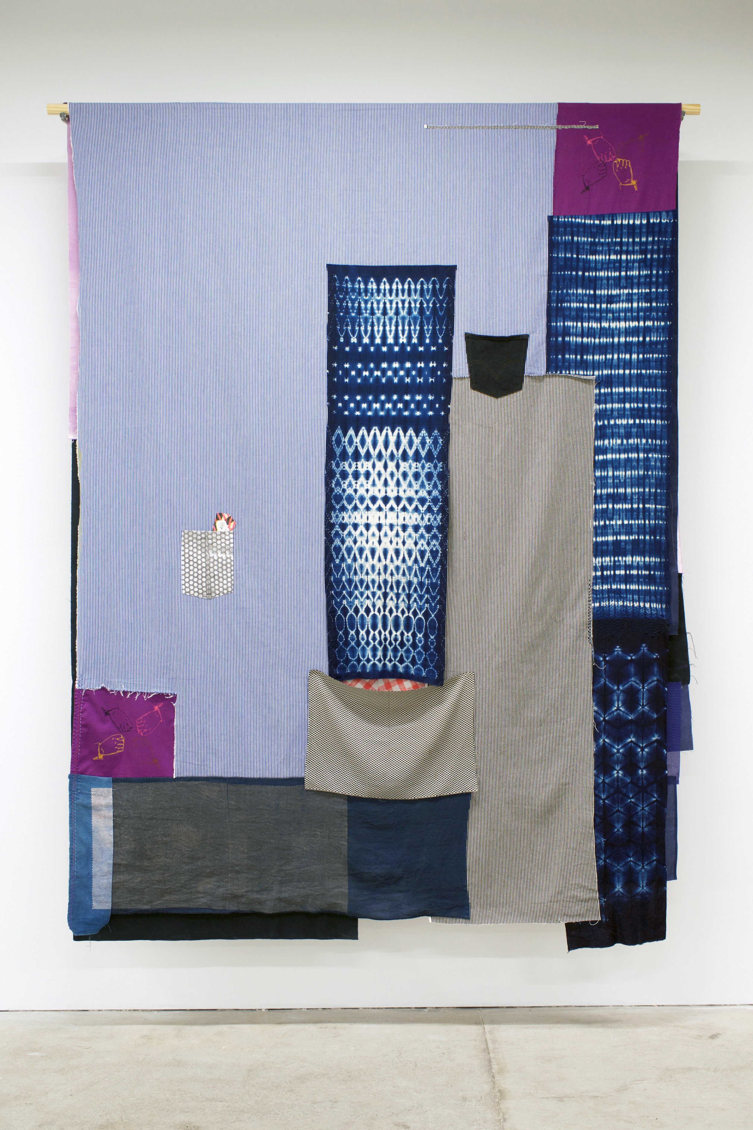   AMANDA CURRERI   Gestures (Proteggere, Rubare) , 2018 Hand-dyed and hand-printed fabrics with indigo, madder, soot/soya dyes and acrylic on various fabrics such as used table cloths, vintage Japanese linen, and cotton kimono fabric; vintage Japanes