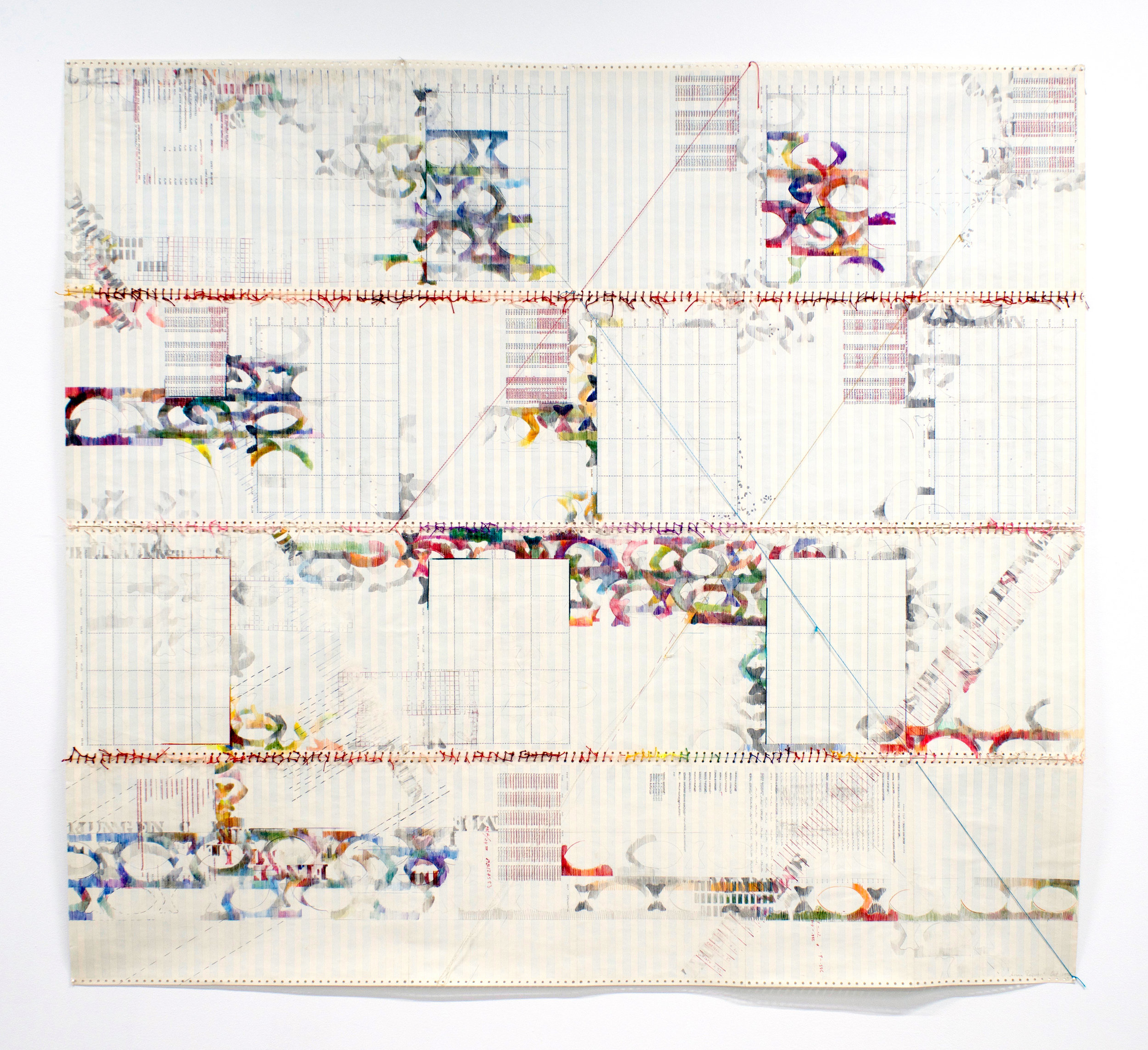 SONYA RAPOPORT Christo and Cornell (Yarn Drawing No. 9) , 1976, pencil, colored pencil, stamp, ink and thread on found continuous-feed computer paper, 59.5" x 66"
