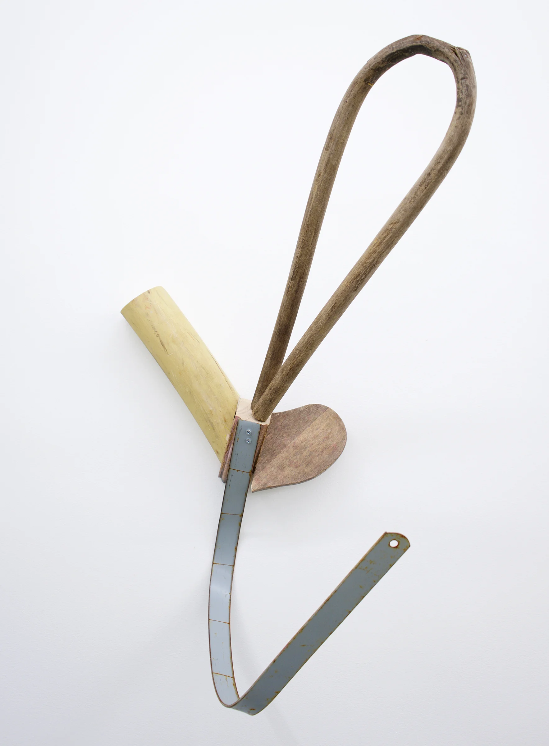 KIRK STOLLER untitled (Nålebinding), 2018, wood, metal, stain, latex paint, rubber, 27.5” x 15” x 13”