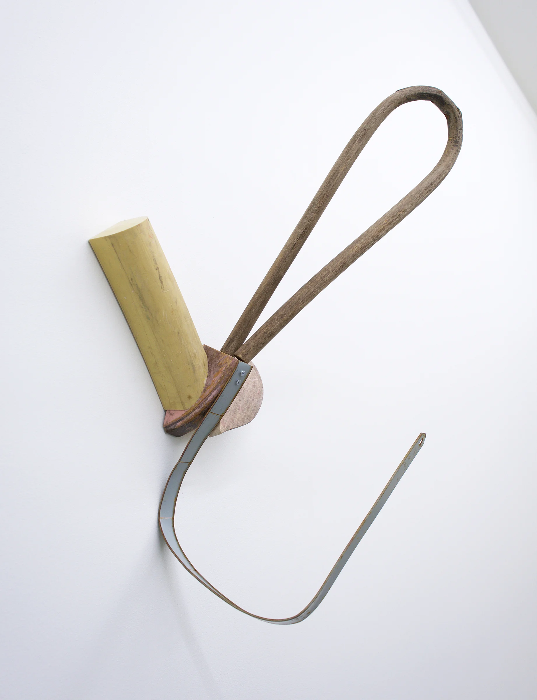 KIRK STOLLER untitled (Nålebinding), 2018, wood, metal, stain, latex paint, rubber, 27.5” x 15” x 13”