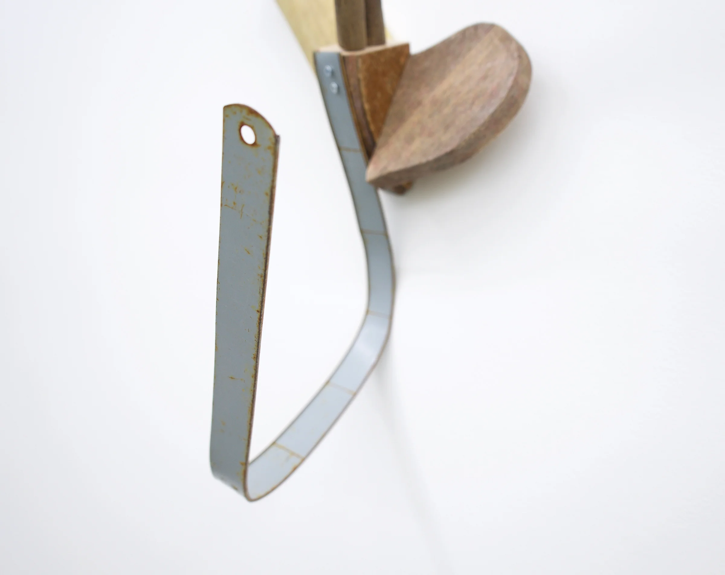 KIRK STOLLER untitled (Nålebinding), 2018, wood, metal, stain, latex paint, rubber, 27.5” x 15” x 13”
