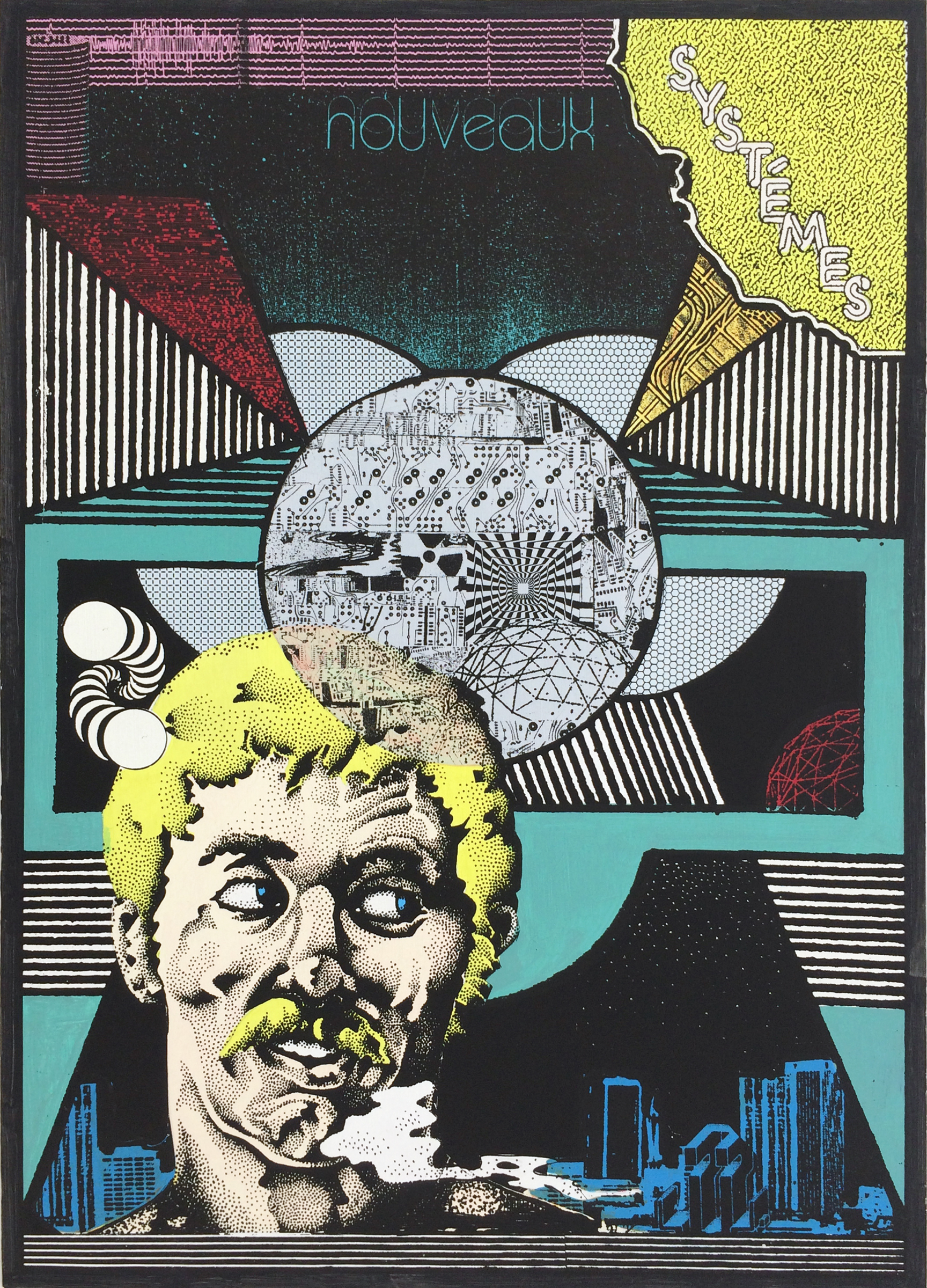 GWENAËL RATTKE Nouveaux Systems , 2014 acrylic and silkscreen on museum board, 27.5” x 19.75”