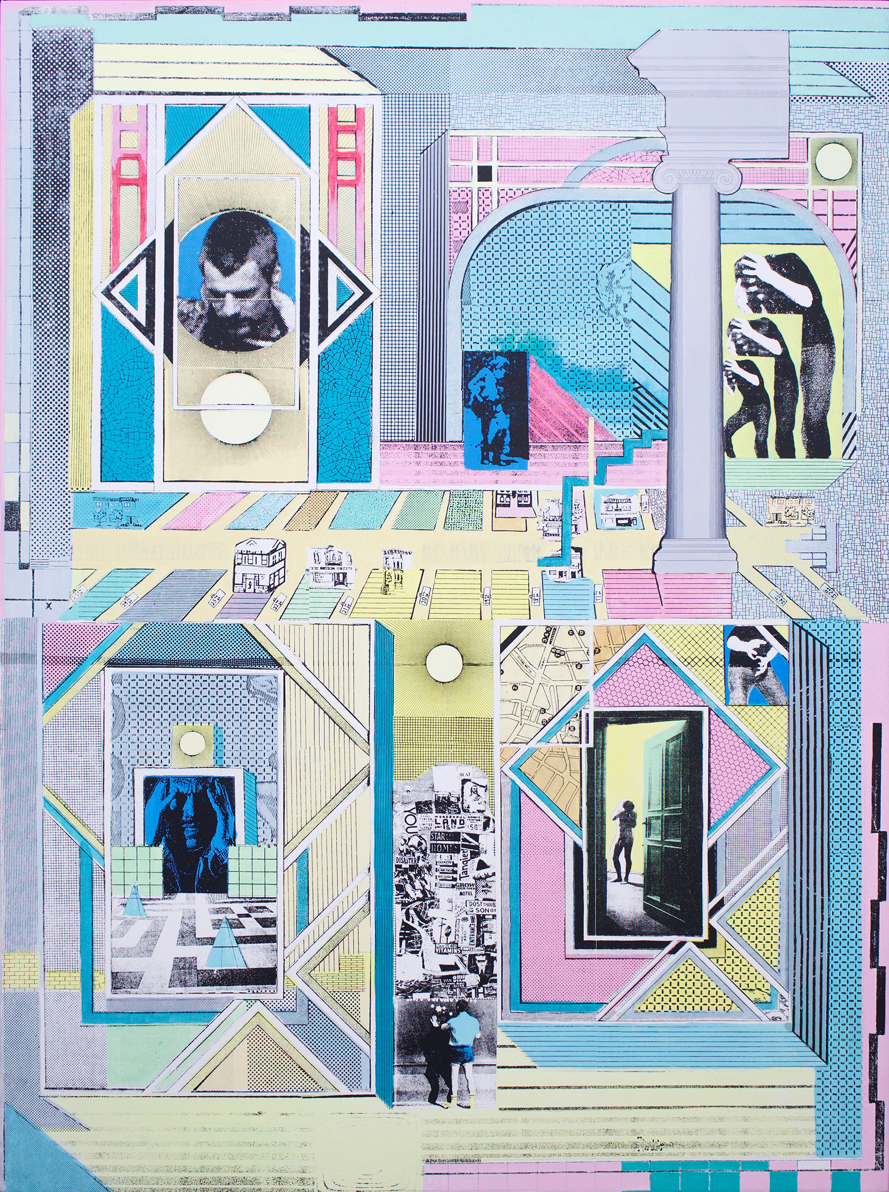 GWENAËL RATTKE Patterns & Perspectives , 2012 acrylic and silkscreen on canvas with hand working, 55” x 40.75”