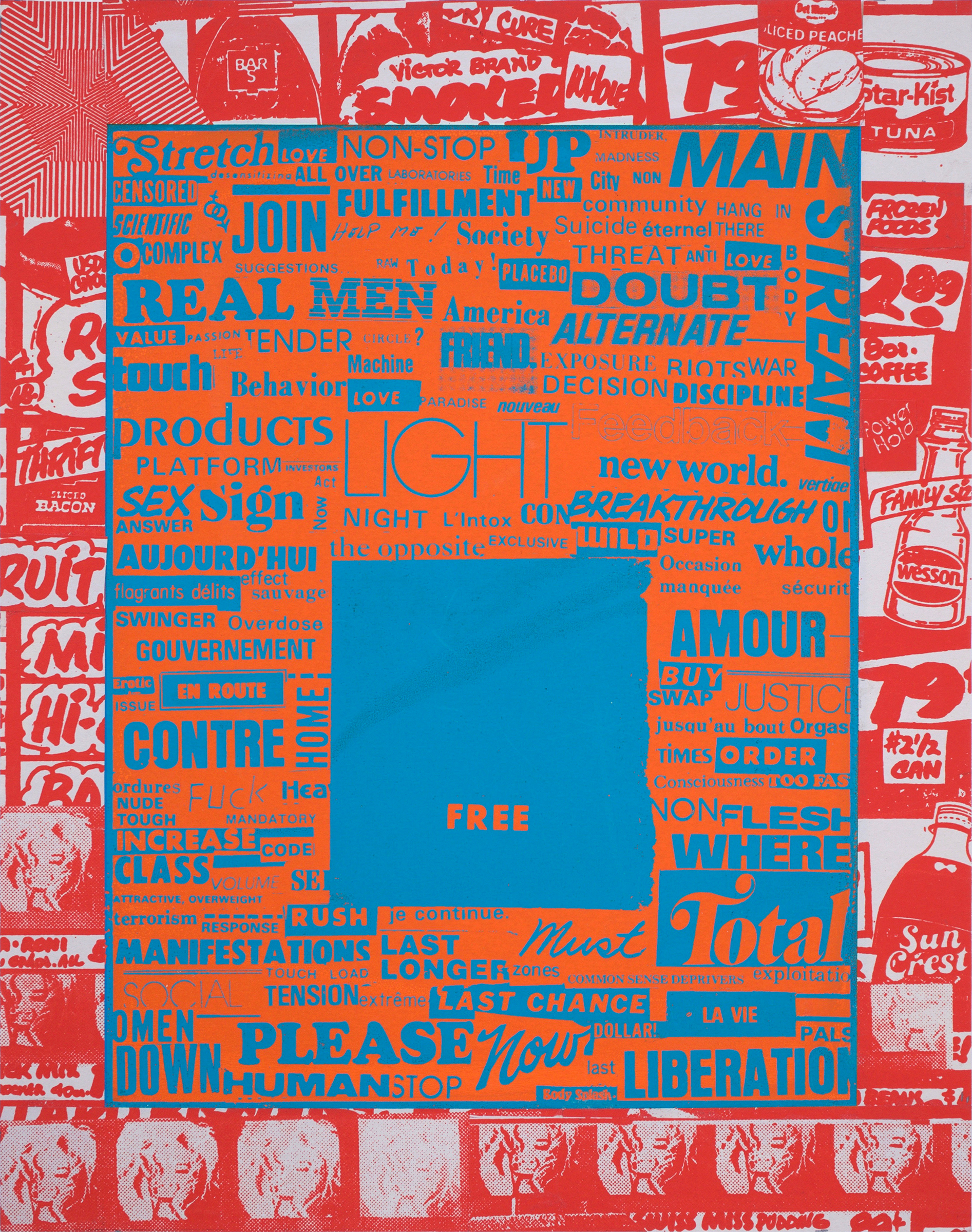 GWENAËL RATTKE Words (Free) , 2018 silkscreen and collage on board, 14” x 11”