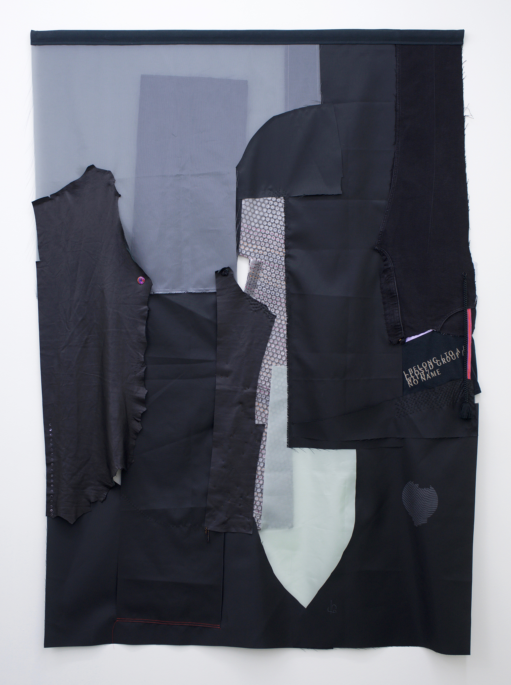  AMANDA CURRERI I Belong to a Closed Group With No Name*, 2018 Recycled flag nylon, leather, cotton with rice paste resist and soot/soya printing, sequins, thread, inkle weaving, vintage Japanese braid, and canvas with grommets, 72 x 48" *Title is fr