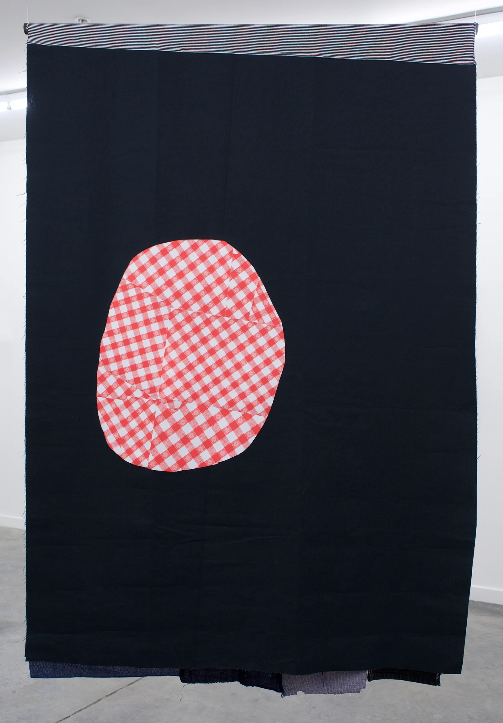 AMANDA CURRERI Homo-Hime, 2018 Hand-dyed and hand-printed fabrics with indigo, madder, soot/soya, acrylic on various fabrics such as used tablecloths, vintage Japanese silk, Japanese denim (new), deconstructed denim jeans, dog toy eyes, digital print on fabric (two-sided), 72” x 48"