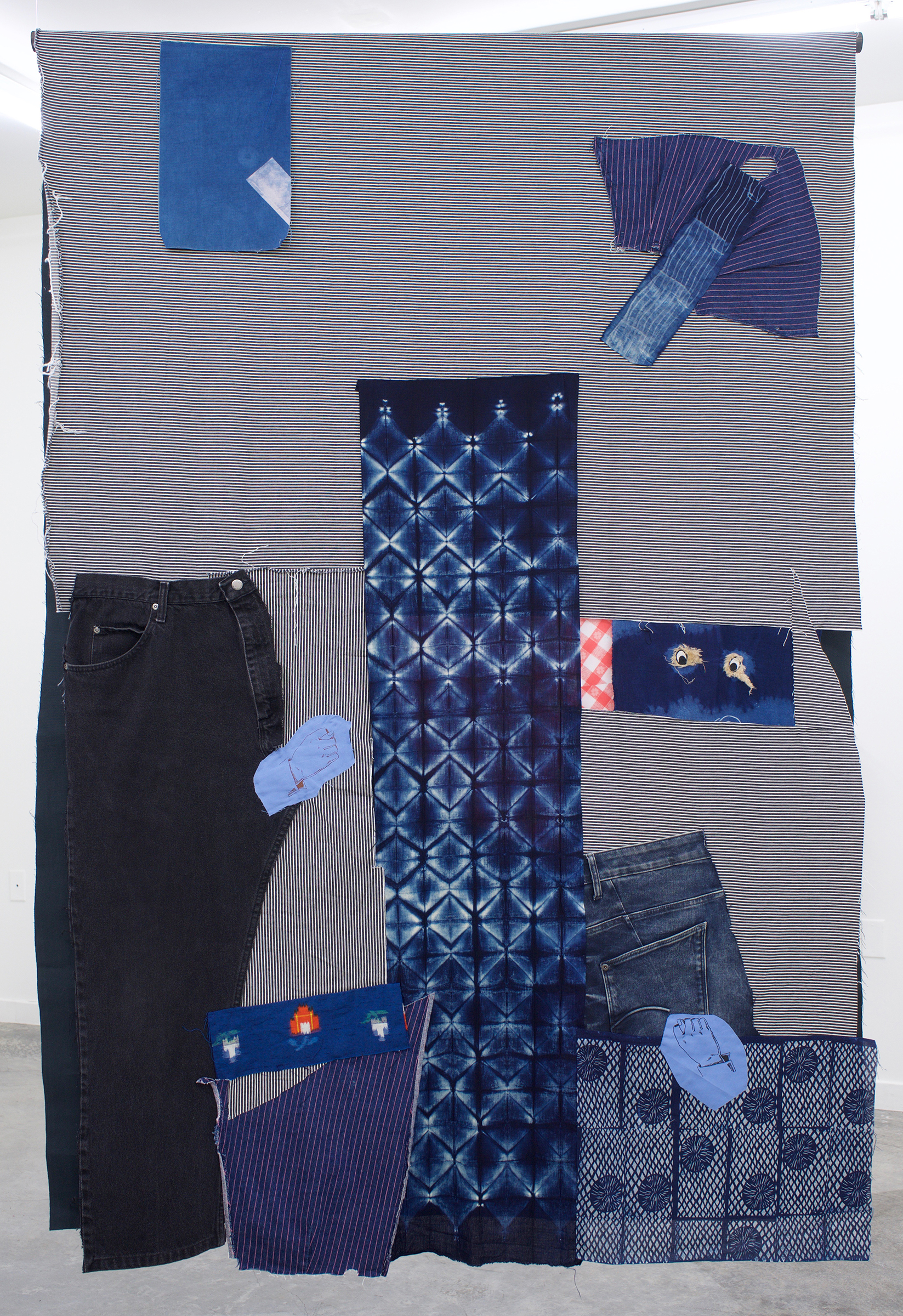  AMANDA CURRERI Homo-Hime, 2018 Hand-dyed and hand-printed fabrics with indigo, madder, soot/soya, acrylic on various fabrics such as used tablecloths, vintage Japanese silk, Japanese denim (new), deconstructed denim jeans, dog toy eyes, digital prin
