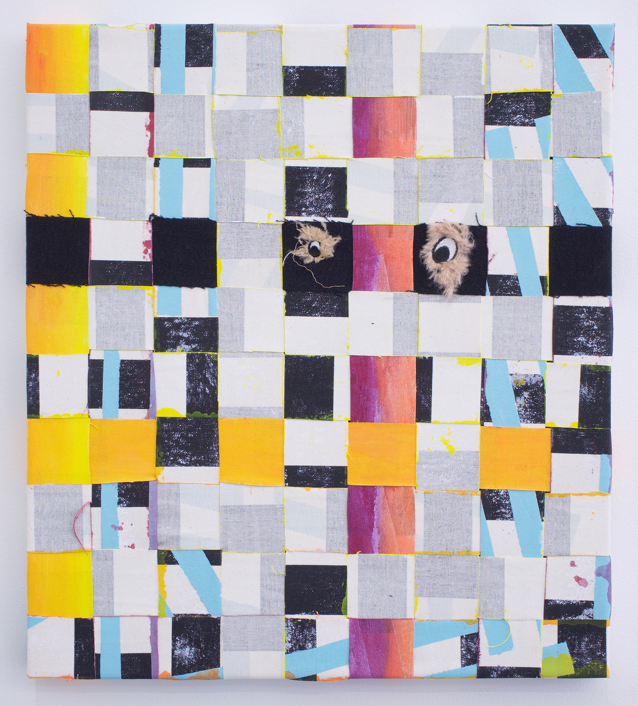  AMANDA CURRERI Senses, 2018 Acrylic and dog toy eyes on recycled fabric, 21” x 19" 
