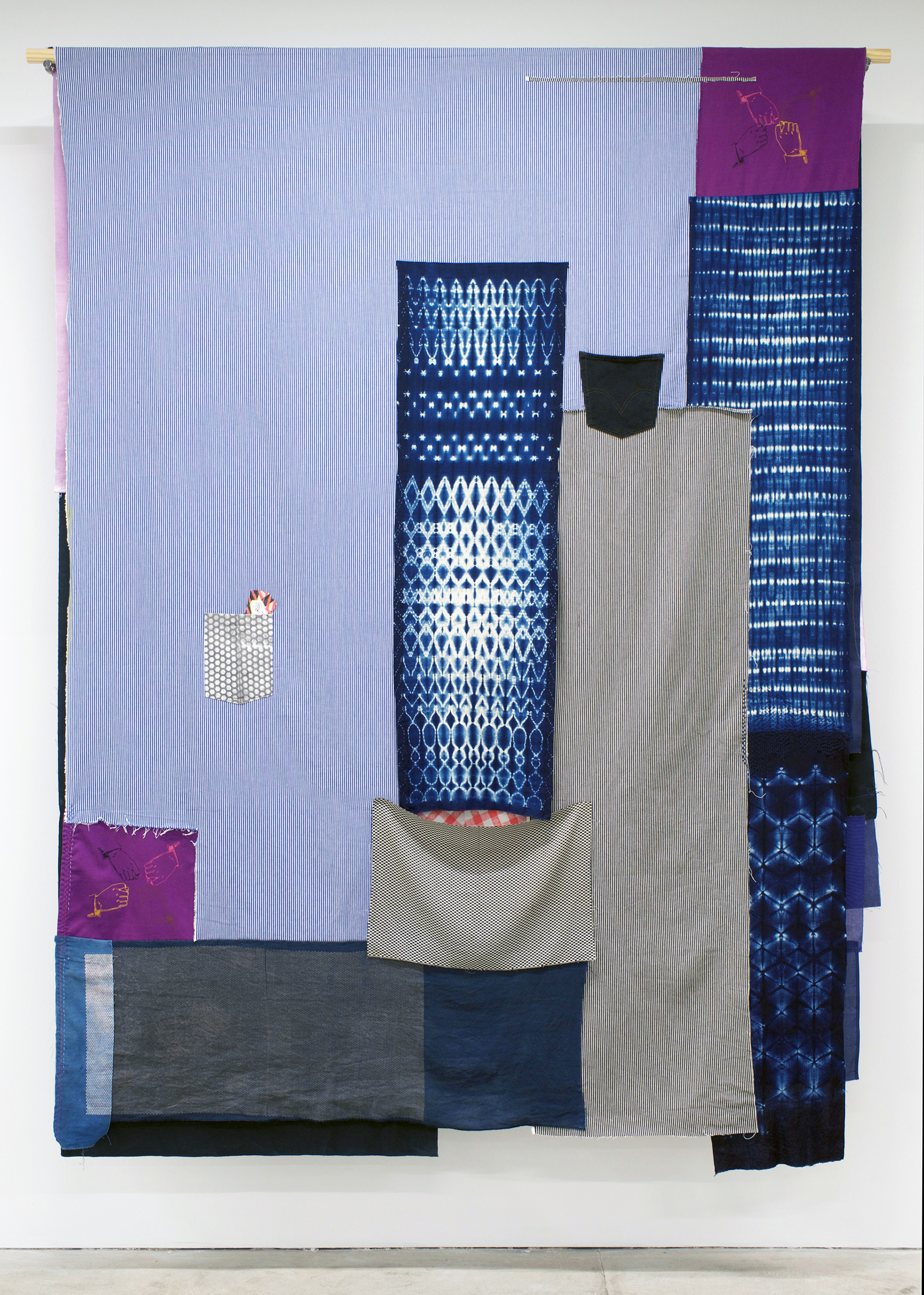 AMANDA CURRERI Gestures (Proteggere, Rubare), 2018 Hand-dyed and hand-printed fabrics with indigo, madder, soot/soya dyes and acrylic on various fabrics such as used tablecloths, vintage Japanese linen, and cotton kimono fabric; vintage Japanese sil