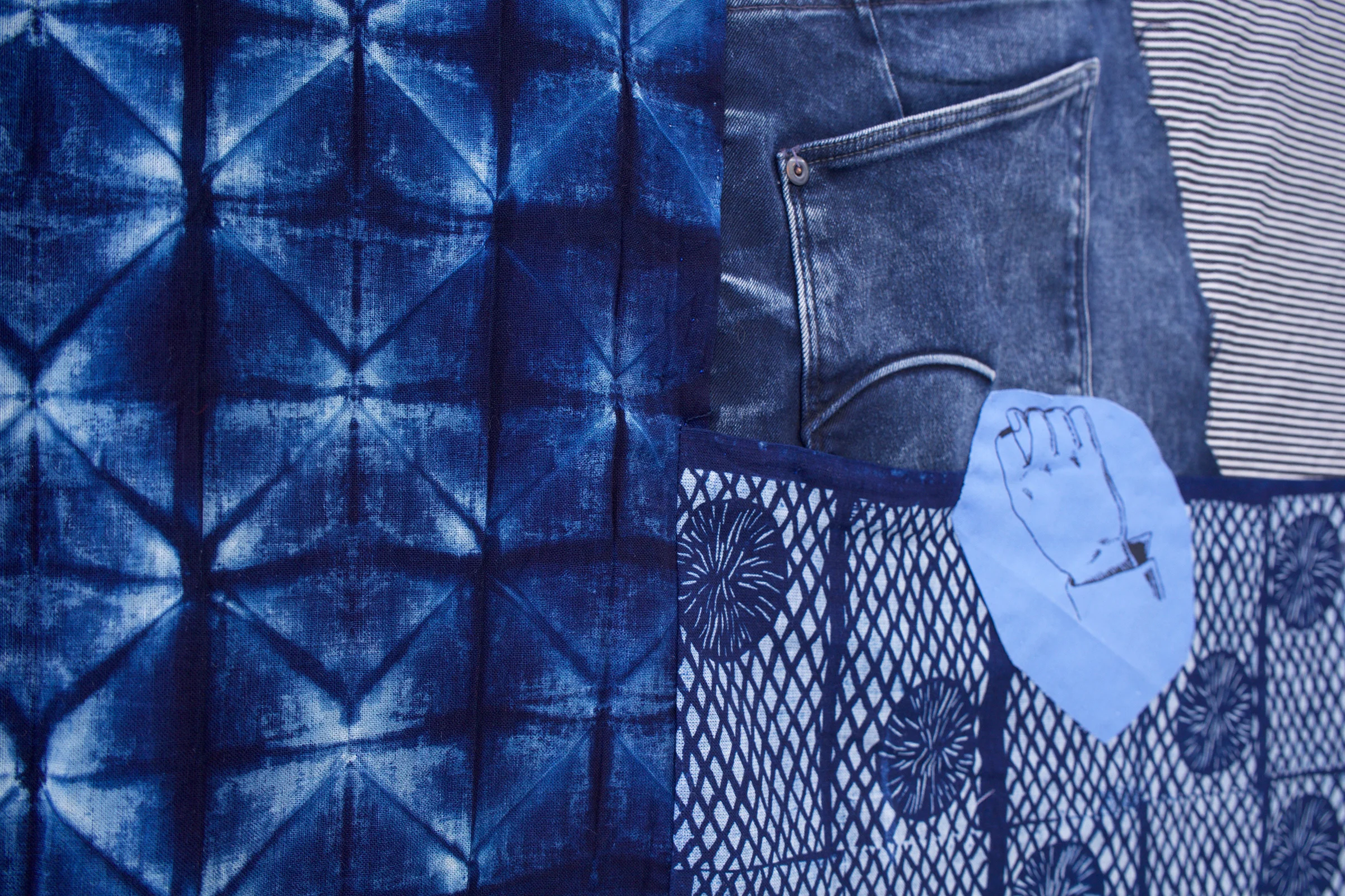 AMANDA CURRERI (detail) Homo-Hime, 2018 Hand-dyed and hand-printed fabrics with indigo, madder, soot/soya, acrylic on various fabrics such as used tablecloths, vintage Japanese silk, Japanese denim (new), deconstructed denim jeans, dog toy eyes, digital print on fabric (two-sided), 72” x 48"