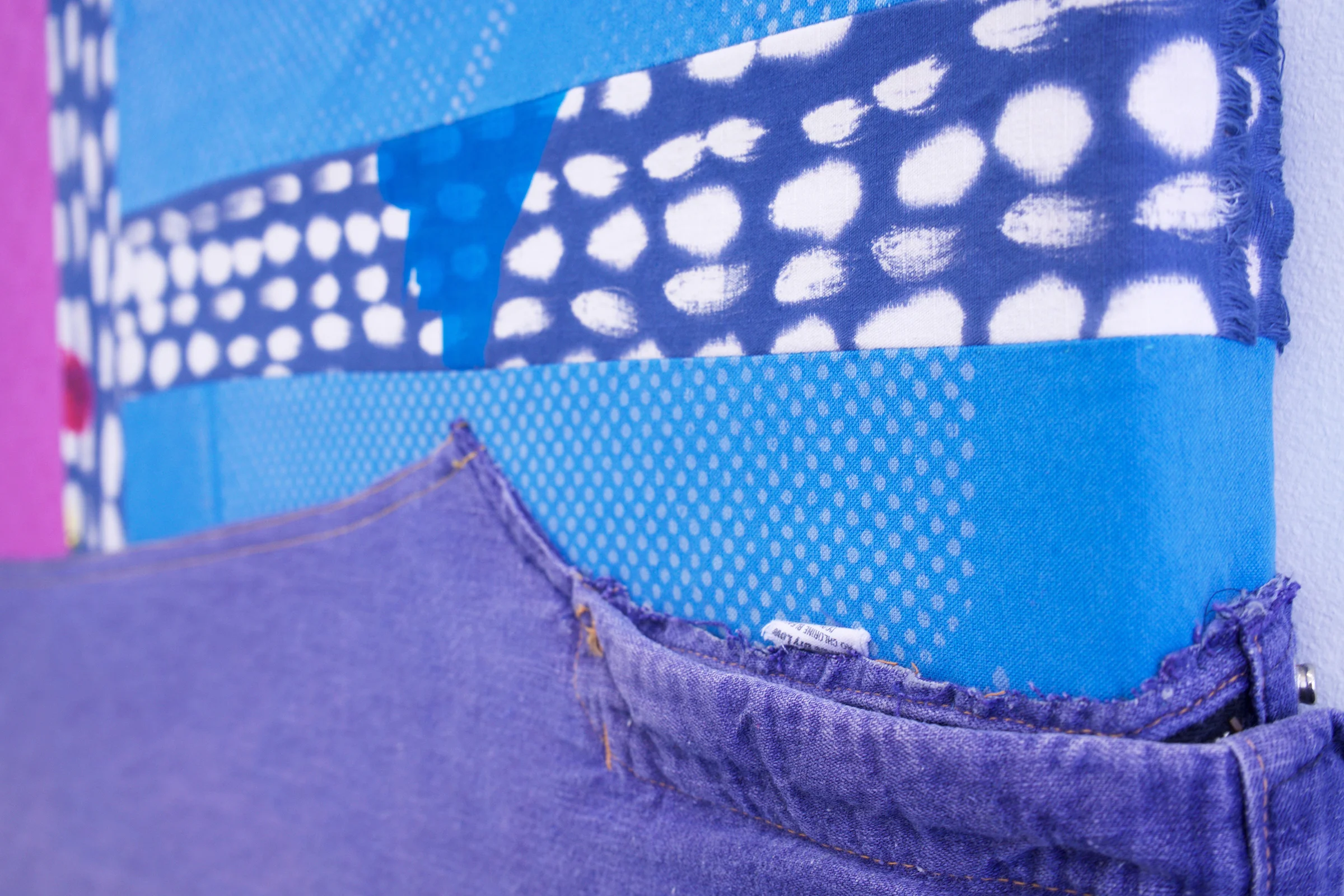 AMANDA CURRERI (detail) Third Eye, 2018 Hand-dyed and hand-printed fabrics, deconstructed denim jeans and shirt, dog-toy eyes, sequins, and thread, 32” x 24"