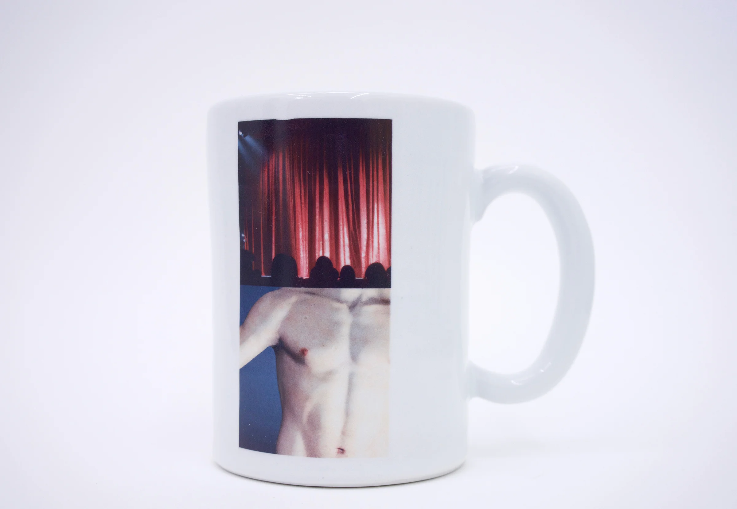 Erik Scollon (Shelf #1 detail) Mug 1: ”rapid passage through varide ambiance,” 2018 porcelain, glaze, ceramic decal