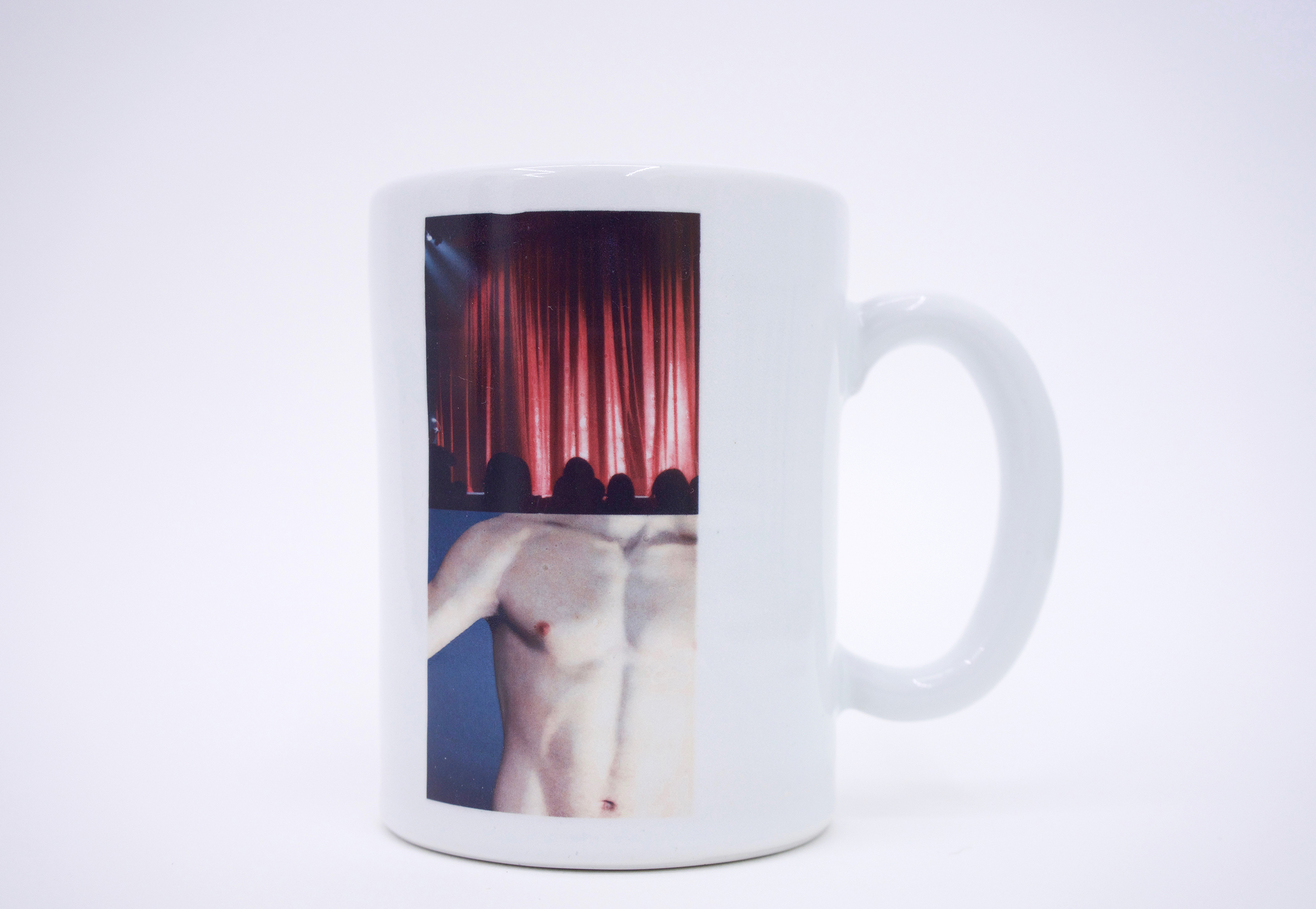  Erik Scollon (Shelf #1 detail) Mug 1:  ”rapid passage through varide ambiance,”  2018 porcelain, glaze, ceramic decal 