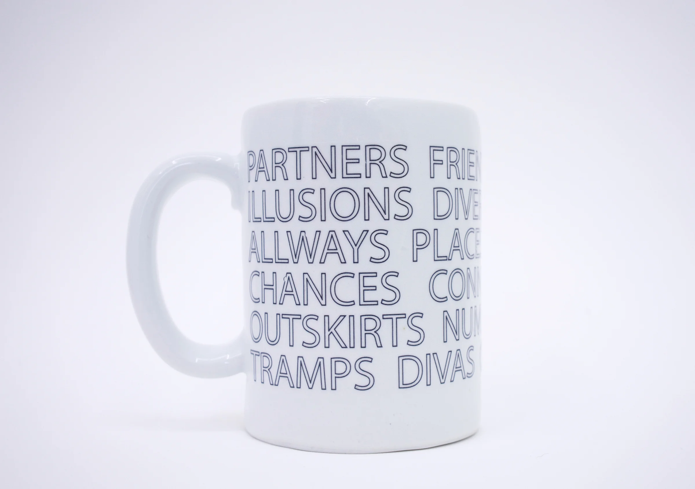 Erik Scollon (Shelf #1 detail) Mug 2: Places , 2018 porcelain, glaze, ceramic decal