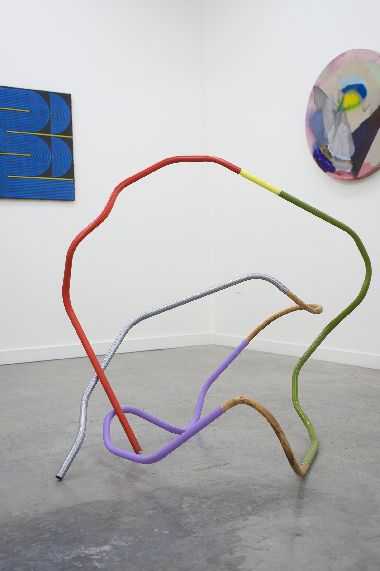  KIRK STOLLER  Untitled (sinuous) , 2019 chrome, wood, acrylic, enamel, wood stain 40.5” x 43.5 x 37” 