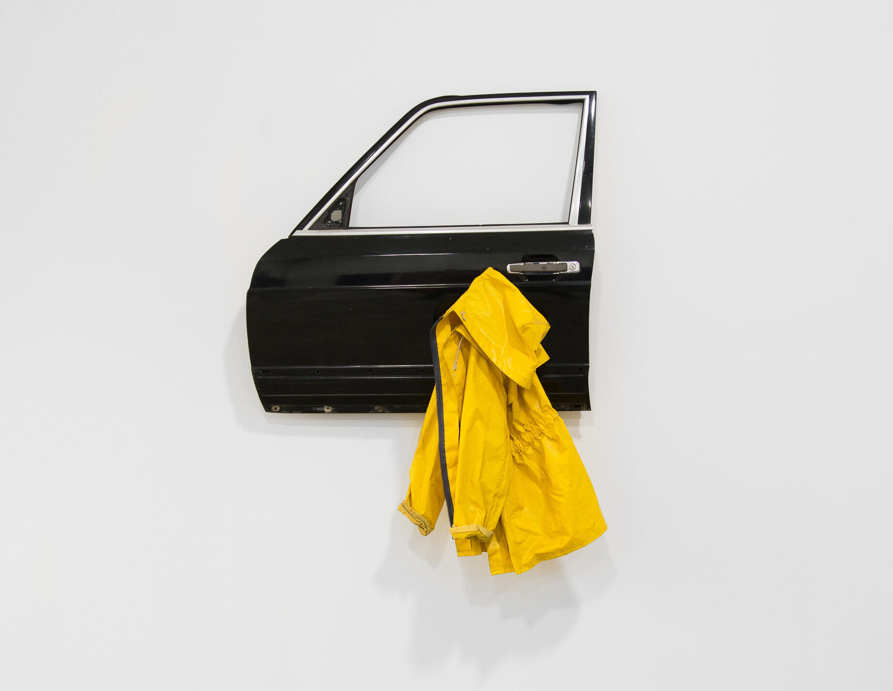  JOHNNY ABRAHAMS   Untitled, 2020 car door with rain coat 60" x 42" x 6" 
