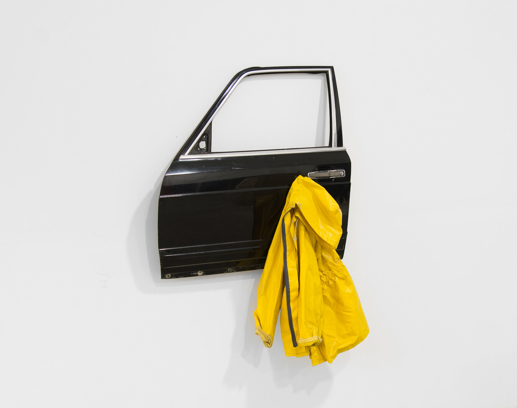  JOHNNY ABRAHAMS   (sideview) Untitled, 2020 car door with rain coat 60" x 42" x 6" 