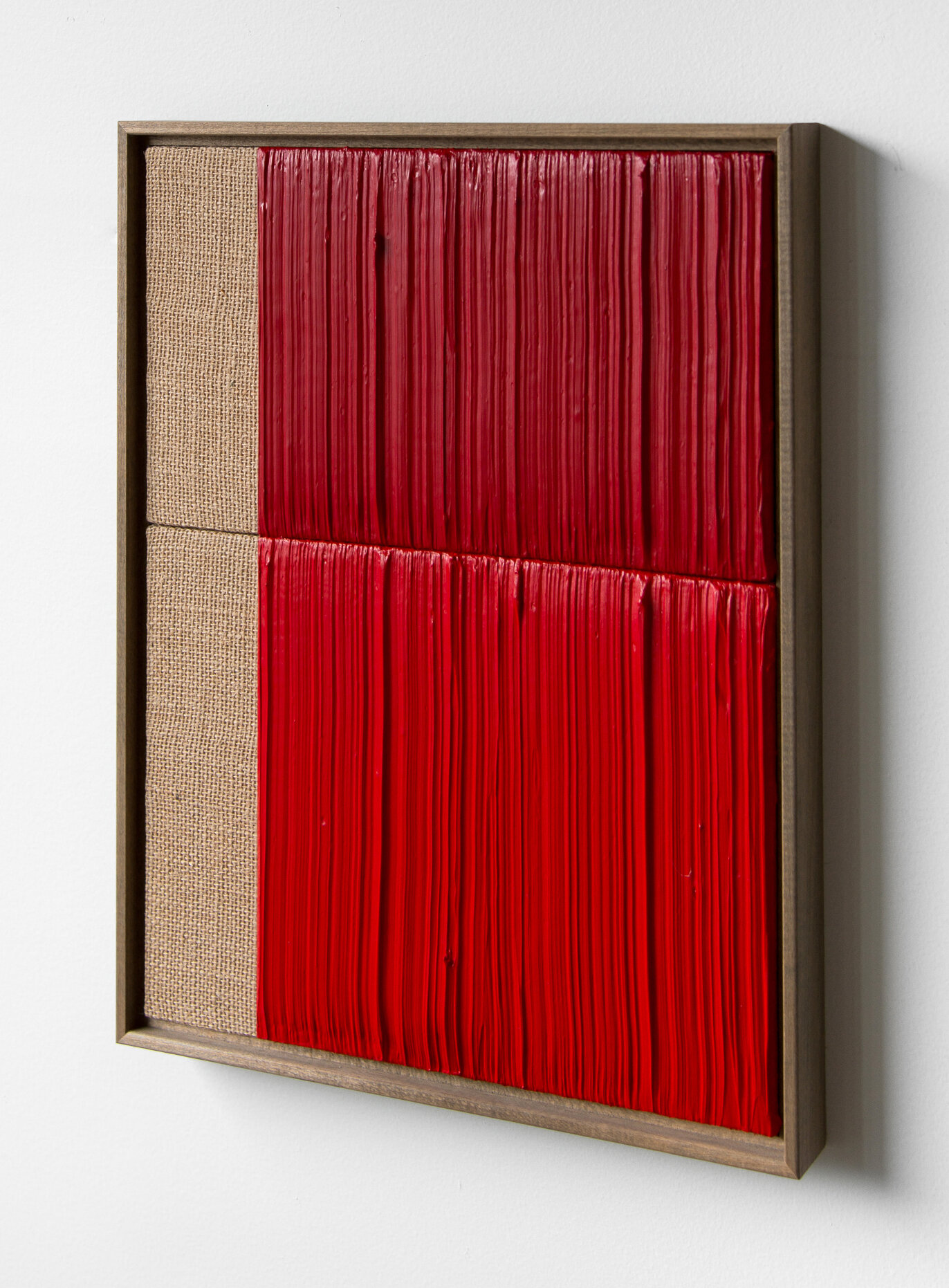  JOHNNY ABRAHAMS   (sideview)  Untitled (Red) , 2020 acrylic on burlap, 16" x 12" 