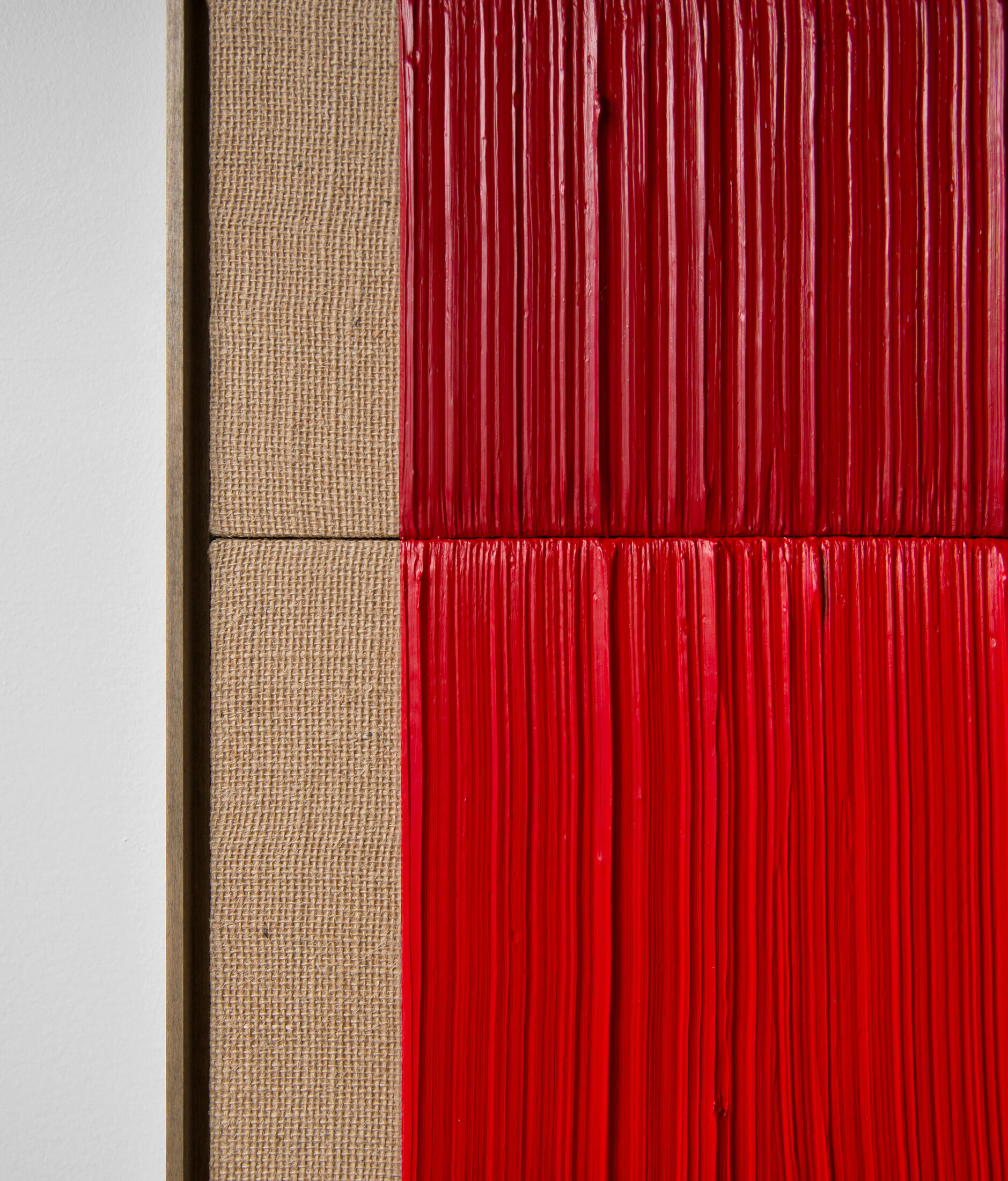  JOHNNY ABRAHAMS   (detail)  Untitled (Red) , 2020 acrylic on burlap, 16" x 12" 