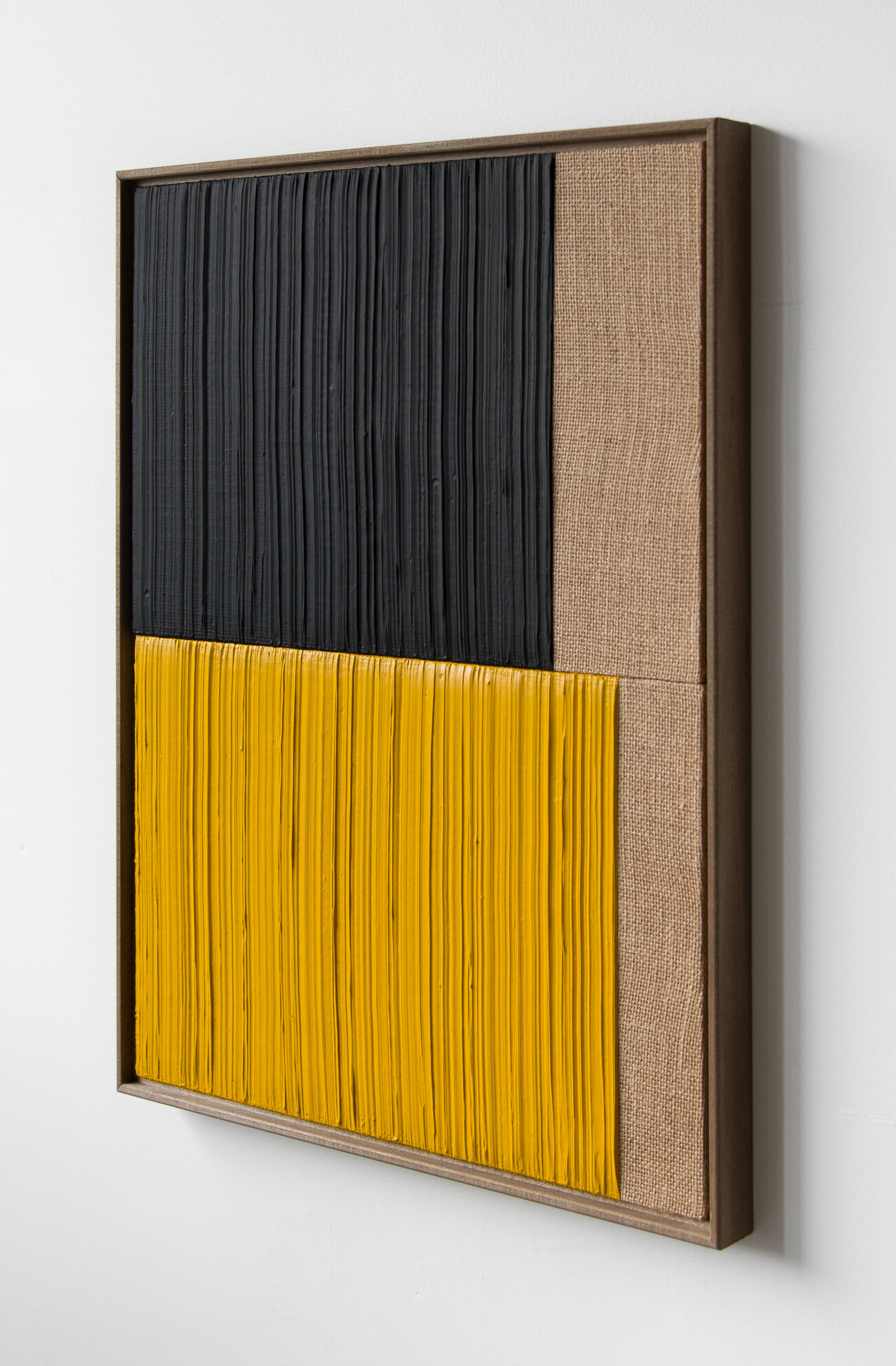  JOHNNY ABRAHAMS   (sideview)  Untitled (Yellow &amp; Black 1) , 2020 acrylic on burlap, 24" x 18" 
