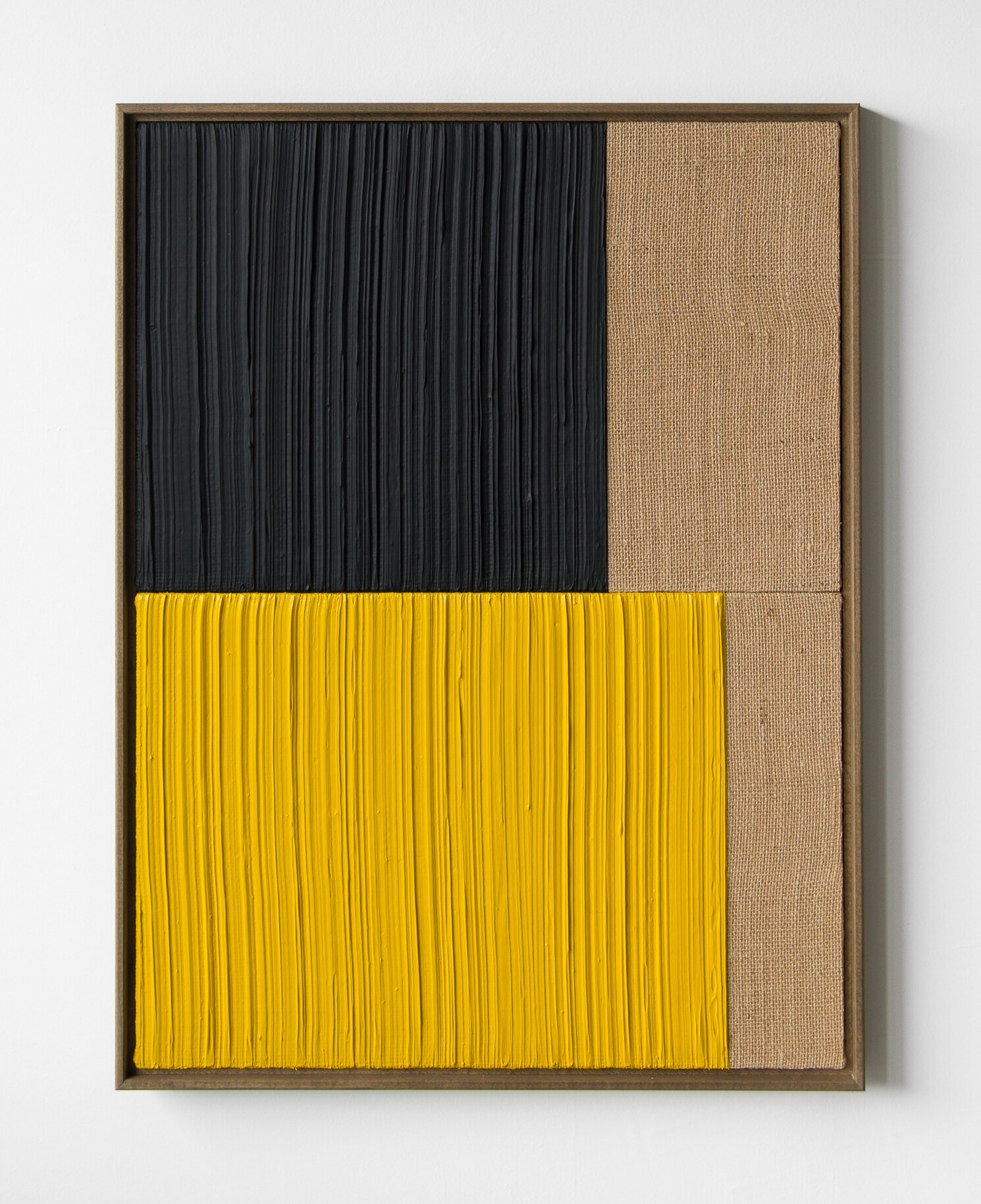  JOHNNY ABRAHAMS    Untitled (Yellow &amp; Black 3) , 2020 acrylic on burlap, 24" x 18" 
