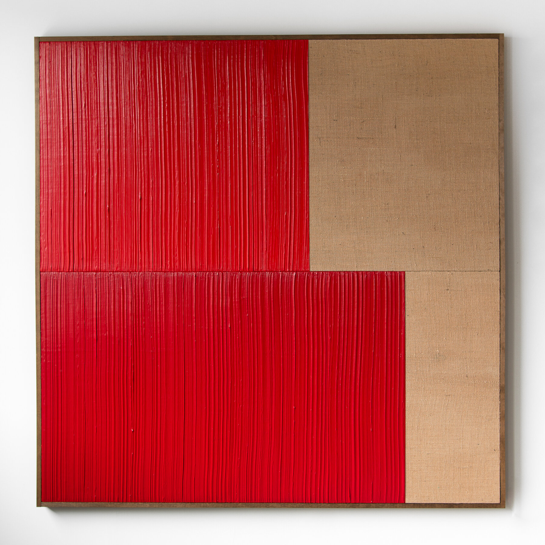  JOHNNY ABRAHAMS  Untitled (Red) , 2020 acrylic on burlap, 48" x 48" 