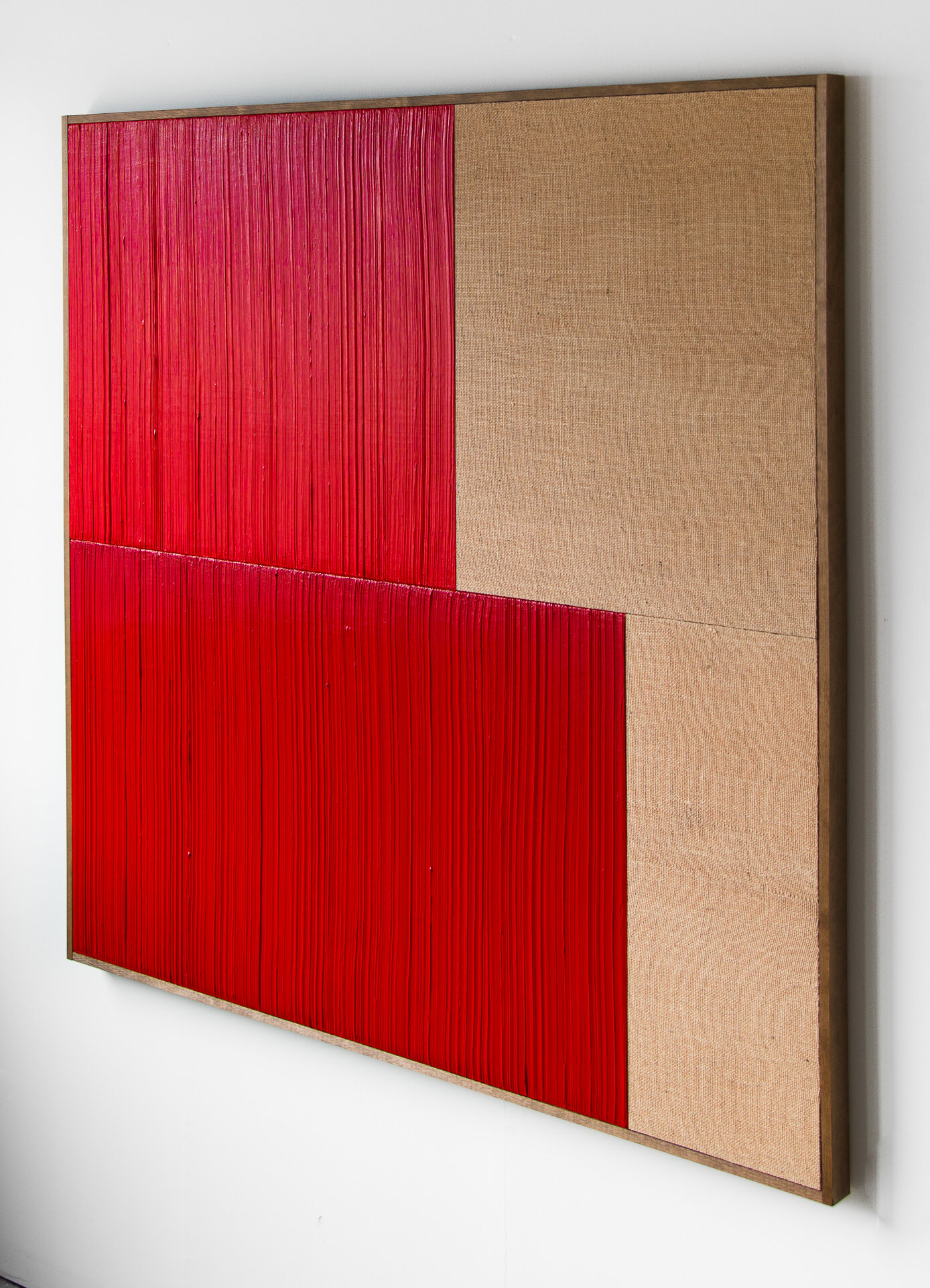  JOHNNY ABRAHAMS (sideview)  Untitled (Red) , 2020 acrylic on burlap, 48" x 48" 
