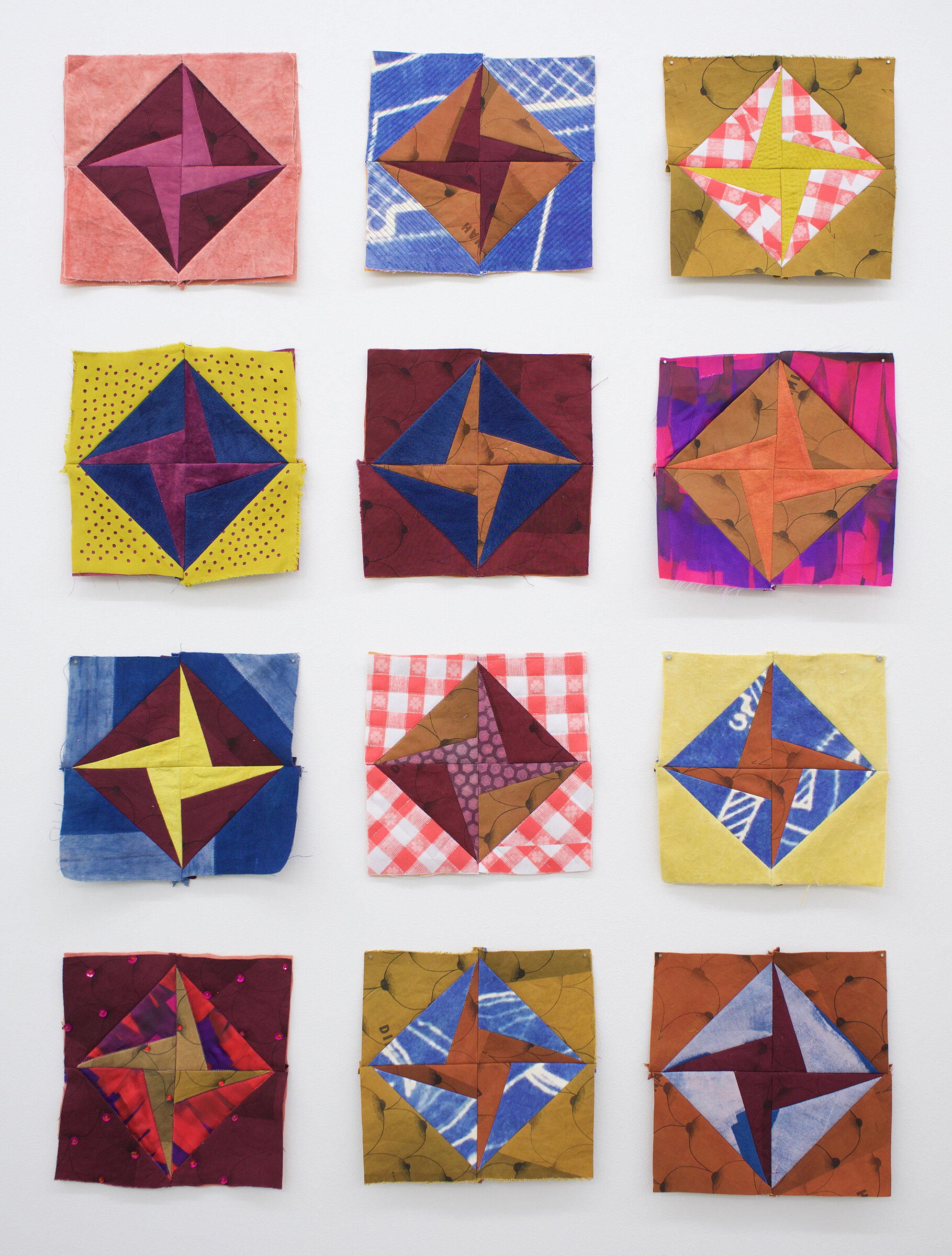  AMANDA CURRERI  Dinah* Doubles (Waste Not) , 2021&nbsp; Natural dyes on cotton, silk, and velvet; digitally-printed textiles, thread, and sequins Approx 10” x 10” each, grid of twelve blocks    