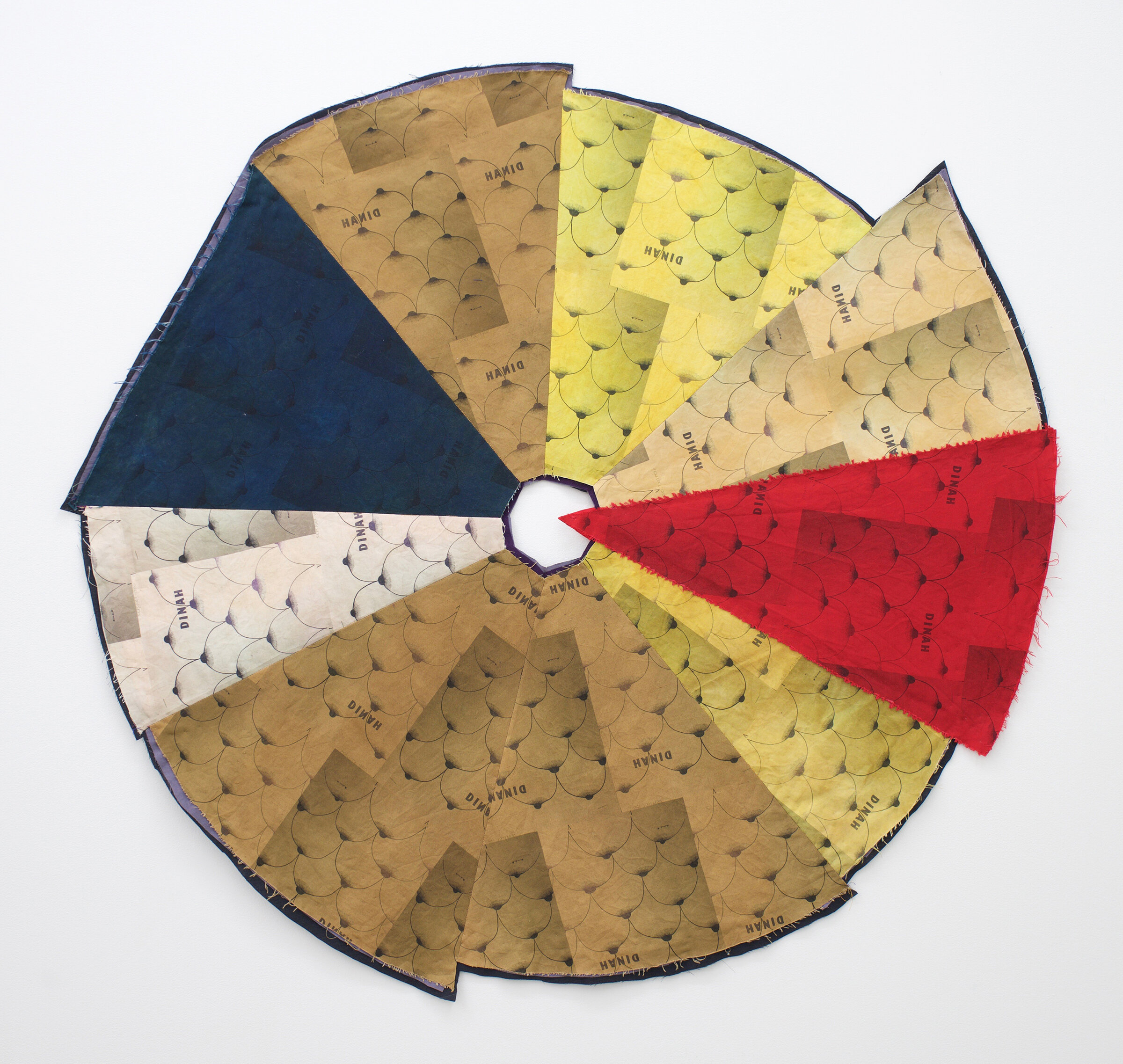  AMANDA CURRERI  Clock , 2021 Walnut, indigo, turmeric, avocado pit, and synthetic dyes on digitally printed cotton, 44” x 45”    