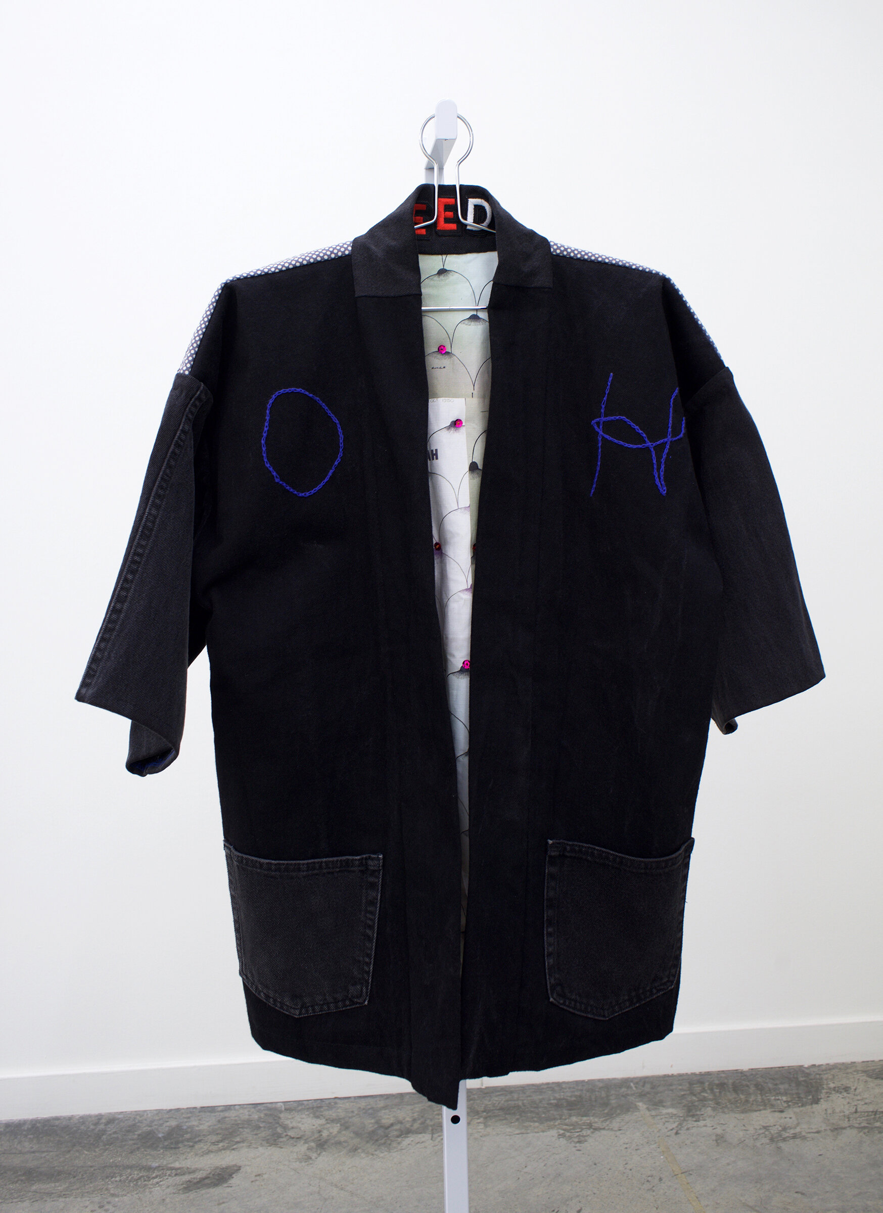  AMANDA CURRERI  O.H. Coat , 2019&nbsp; Recycled denim, hand-dyed, screen printed, and digitally-printed cottons, embroidery, batting, and sequins, 33” x 23” 