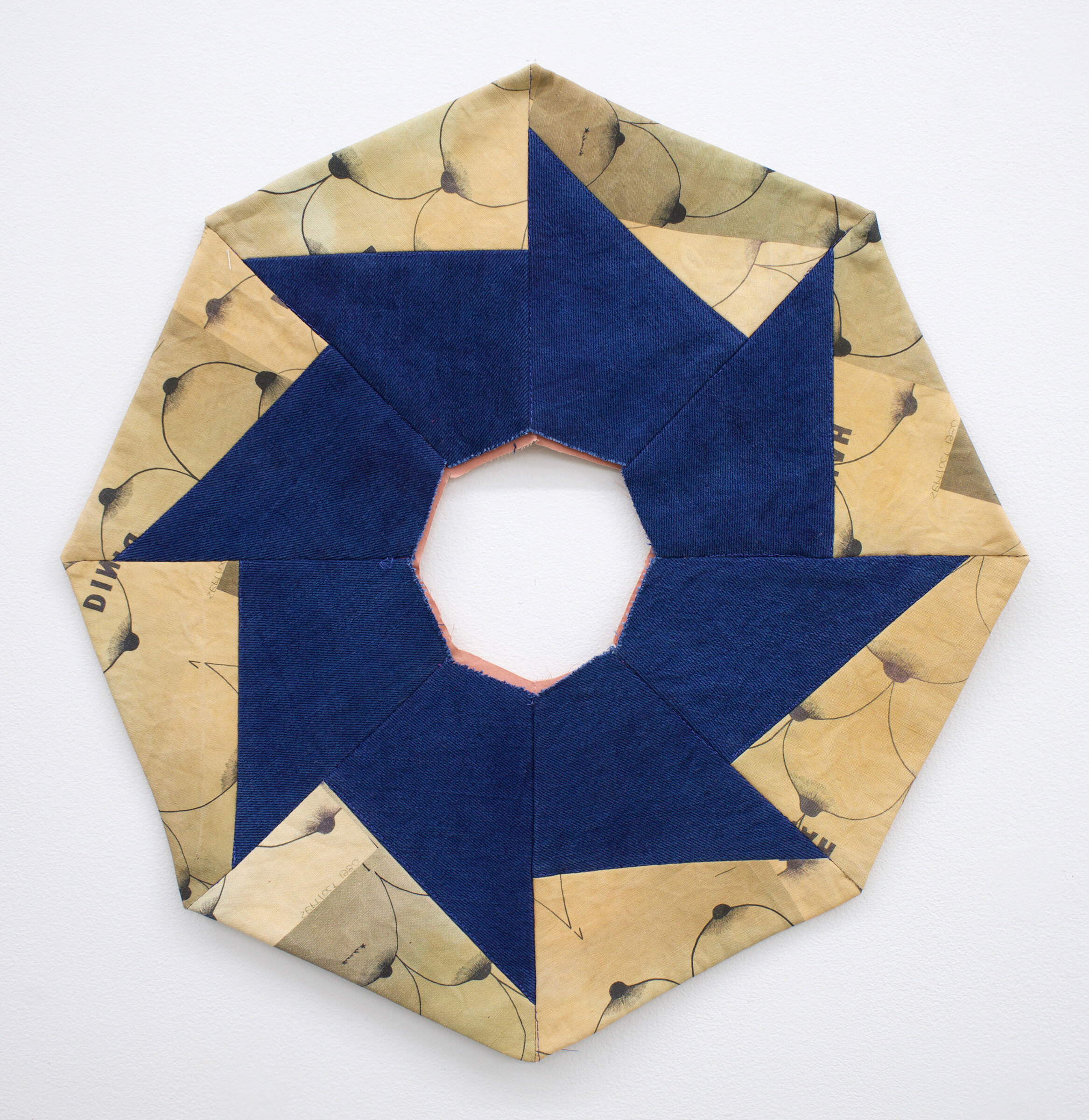  AMANDA CURRERI  Sawblades (Dinah*) , 2021 Weld and madder dye on silk and screen printed acrylic on synthetic dyed denim, 18” x 18”    
