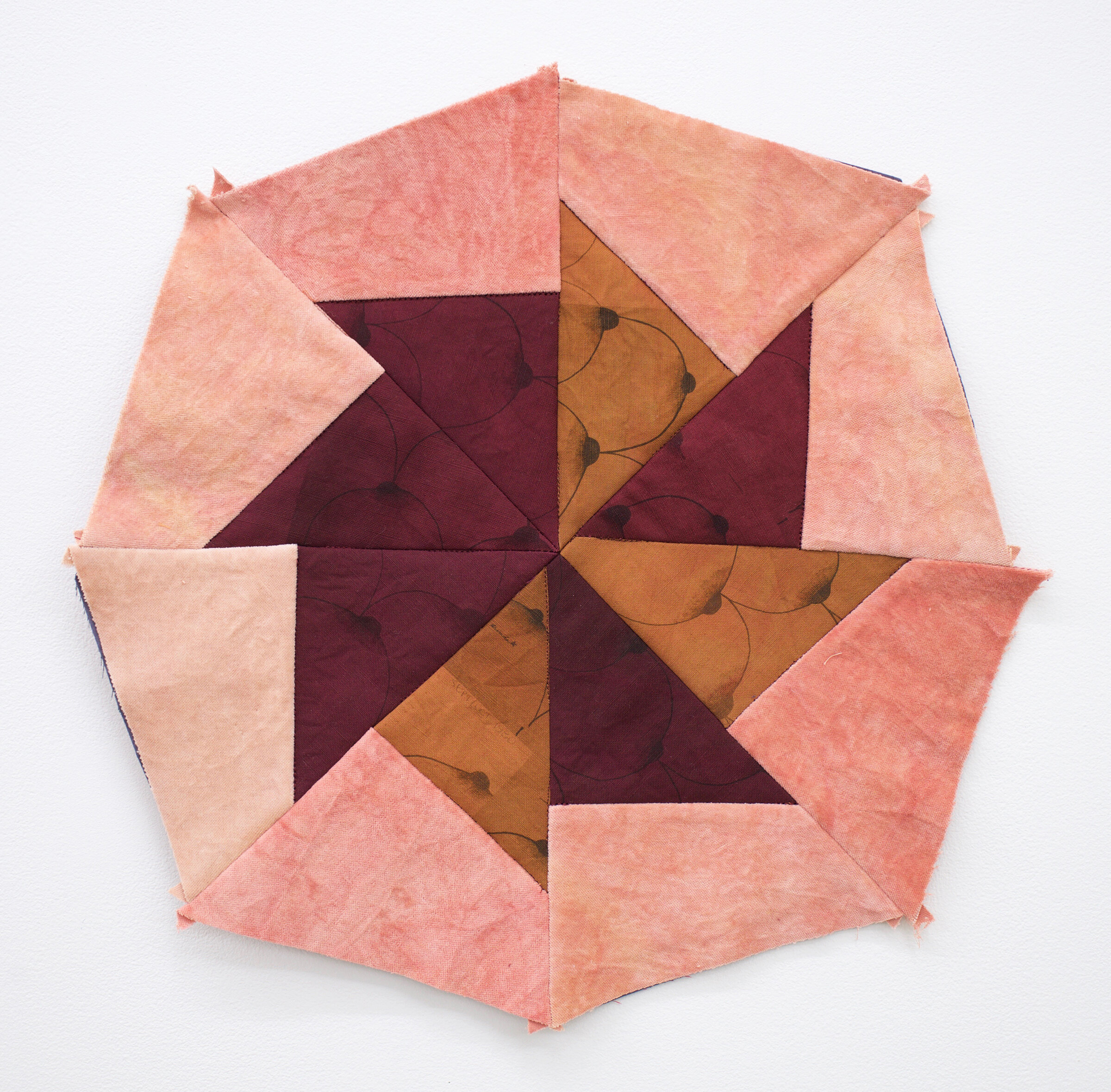  AMANDA CURRERI  Wheel of Fortune, Velvet Dinah* , 2021 Cochineal, madder root, and weld on velvet and digitally printed fabric, 16” x 16”    