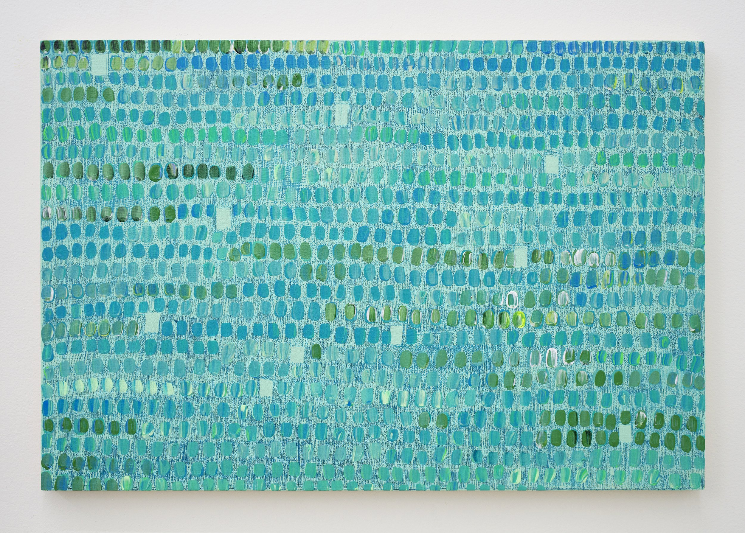   Leah Rosenberg   Marking Time (Teal Blue Mint Green/Thursday/10 breaks) , 2022 acrylic and colored pencil on panel 13" x 19" (LR004) 