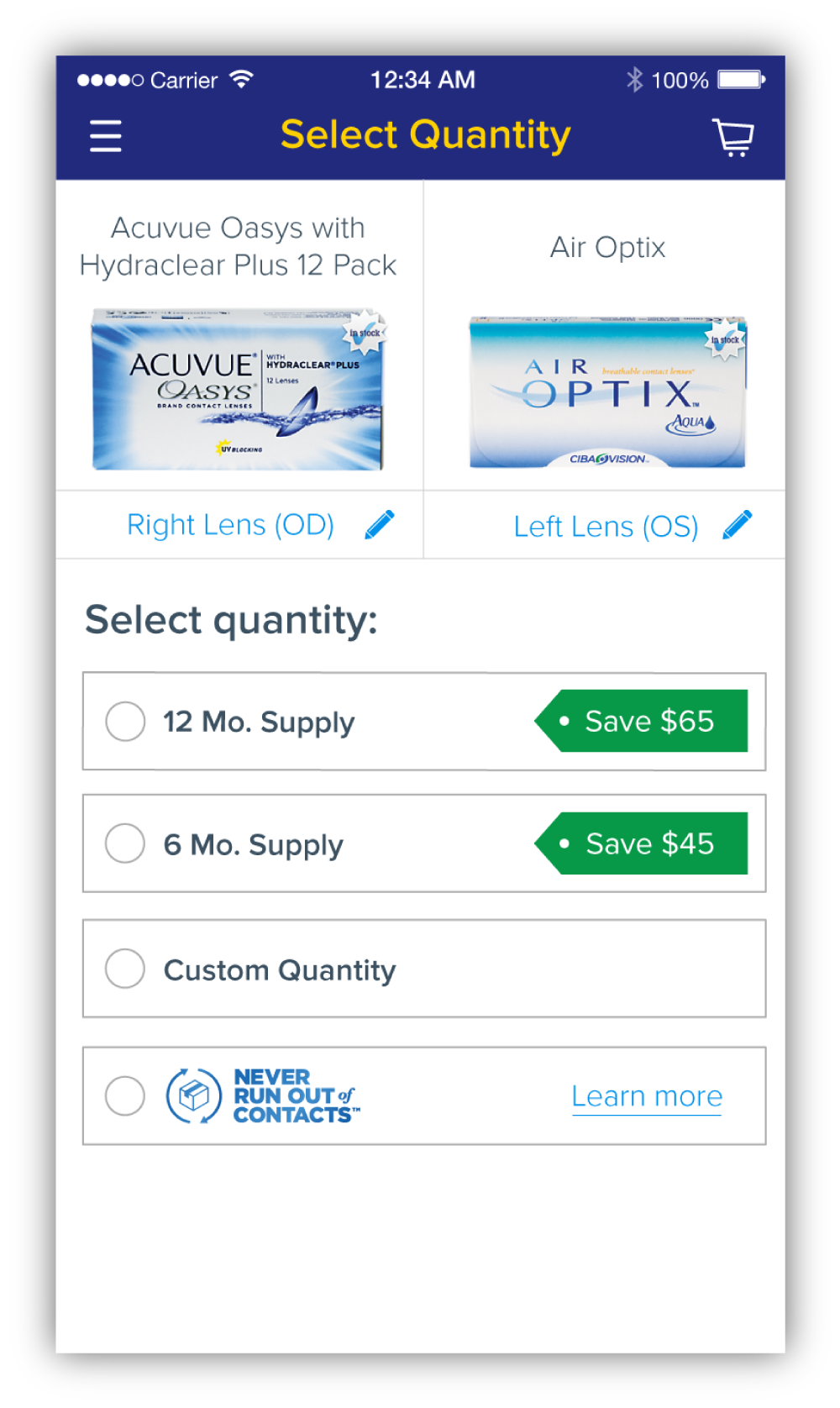In addition to allowing users to select how many boxes they wanted to order, supply-specific quantities were added so that users had a clear understanding of how long their lenses would last them. 