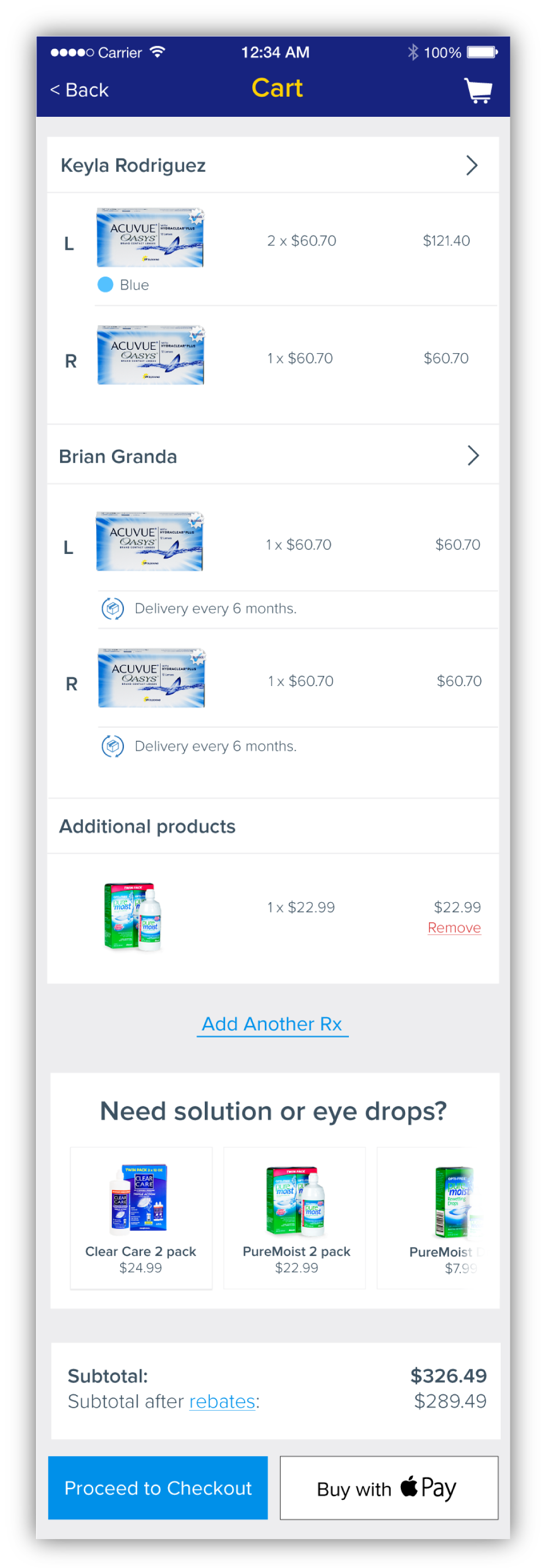 Another busy page, the cart was given a lot more white space so that it didn't feel so heavy. Instead of just listing the products, I organized them by person so that a user with contacts for multiple people could easily see who they were getting contacts for.