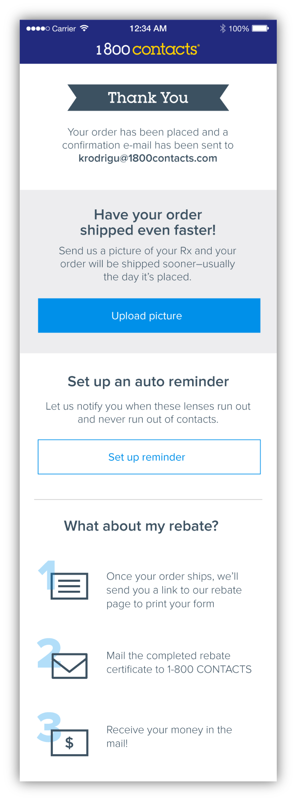 The Thank You page was divided up so that the content would be easier to consume. I also added the "What about my rebate?" section so that users wouldn't be left in the dark as to what to do concerning their rebate. 