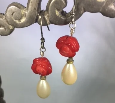 Vintage Coral Rose and Glass Pearl
