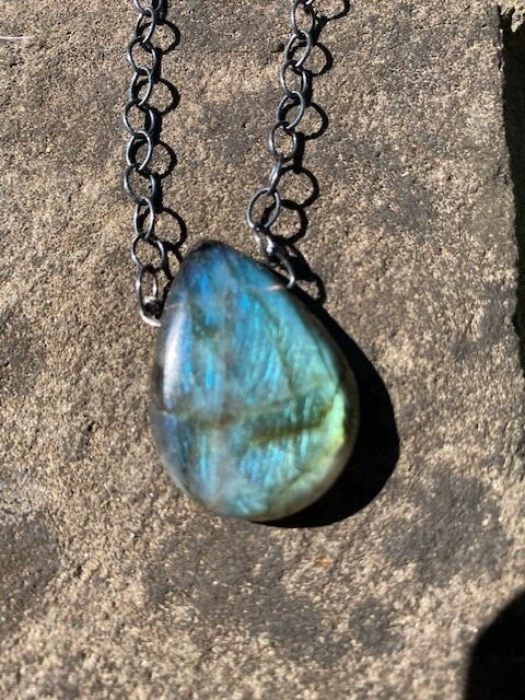 Deep aqua labradorite pendant teardrop