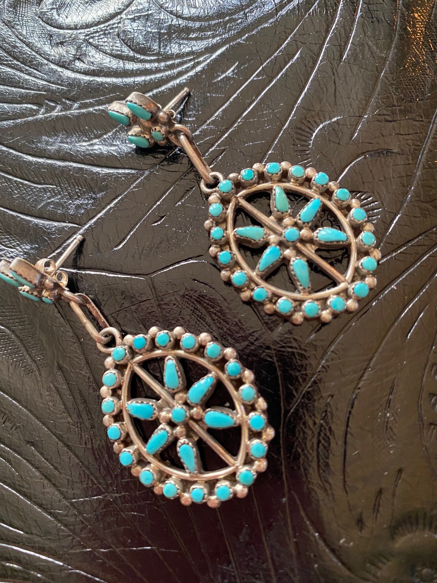 Early Navajo Petit Point Turquoise Earrings Sterling