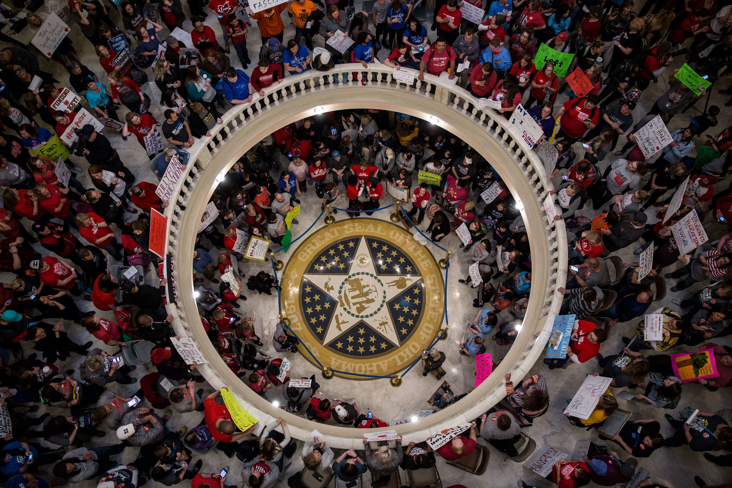  Striking teachers fill the Oklahoma Capitol building in Oklahoma City on the second day of a statewide education strike, April 2018. 