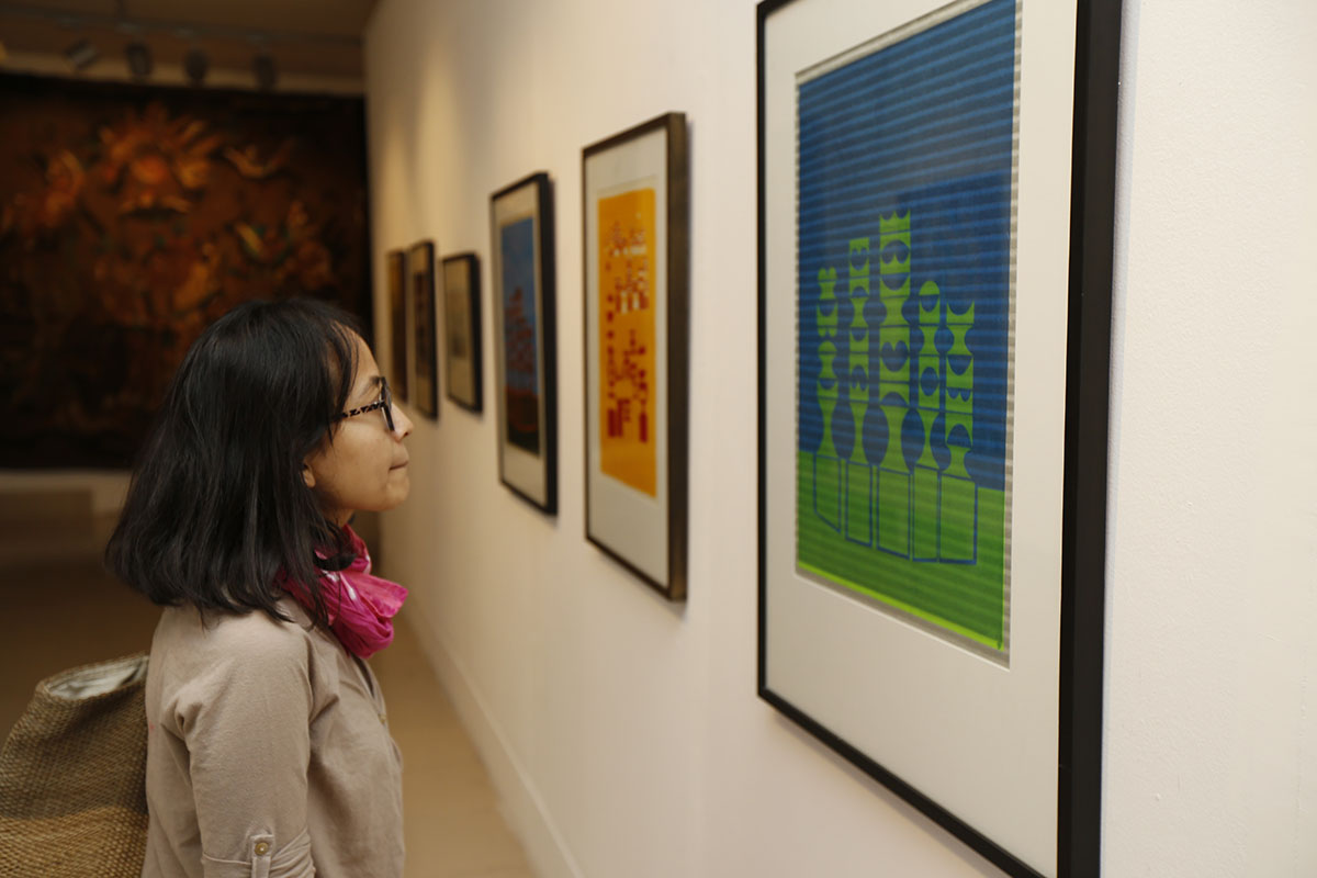 Installation view, works by Anwar Jalal Shemza. Courtesy of Jhaveri Contemporary, Mumbai and the Estate of Anwar Jalal Shemza, Eastbourne, UK. Photo courtesy of the Dhaka Art Summit and Samdani Art Foundation. Photo credit: Noor Photoface
